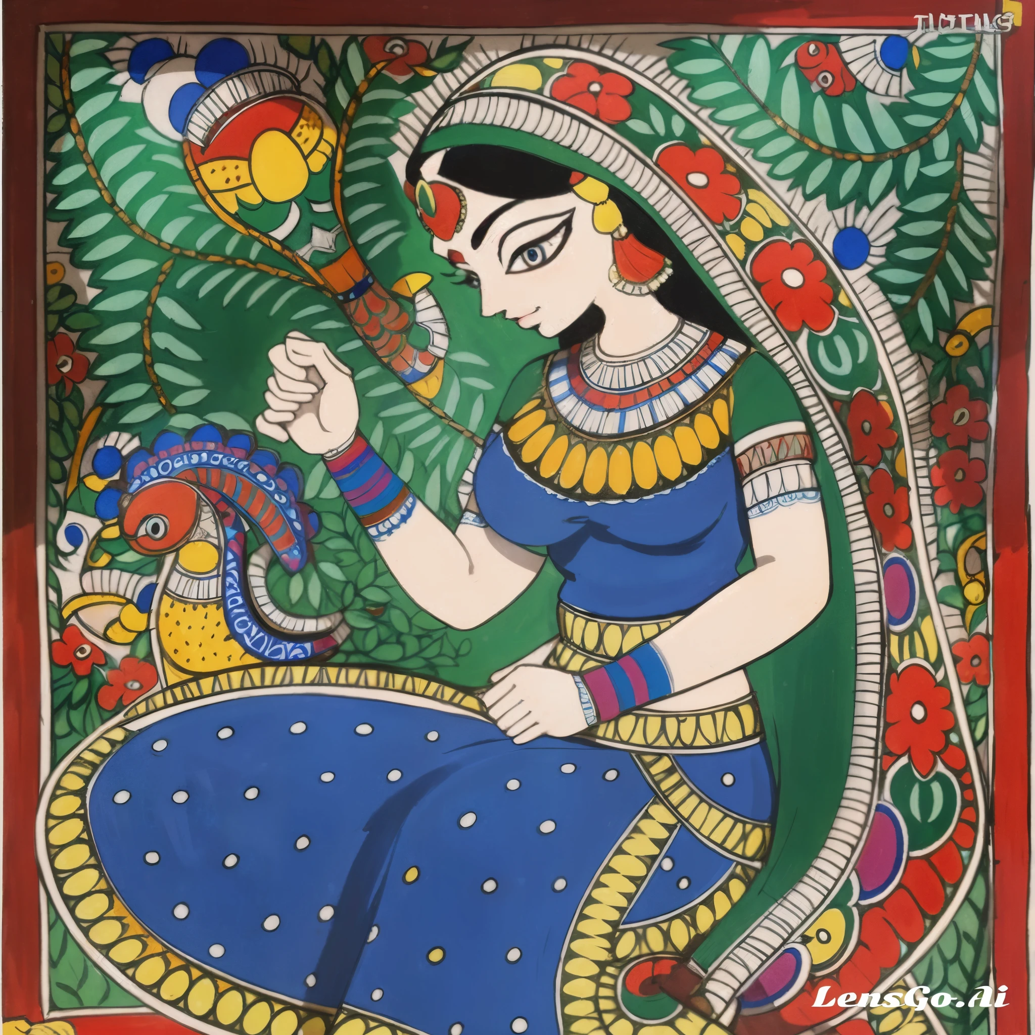 painting of a woman in a blue dress with a peacock, kalighat highly detailed, traditional painting, madhubani, indian art, kalighat, hindu art, indian goddess of wealth, neon madhubani, traditional beauty, kalighat flowers, goddess art, dital painting, traditional art, mythological painting, gold madhubani, tribal art, painting of a woman