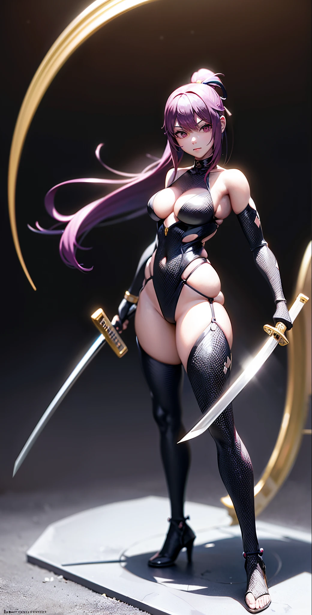 oda'A small plastic figure holding a sword and keyboard, PVC poseable, as an action figure, attack pose, Draw her katana, actionfigure, Fighting posture, ( Very detailed diagram ), 3 / 4 poses, Intimidating posture, Character posing, she is holding a katana sword, Pop-up parade figures, Figma, Taking a photo with a sword