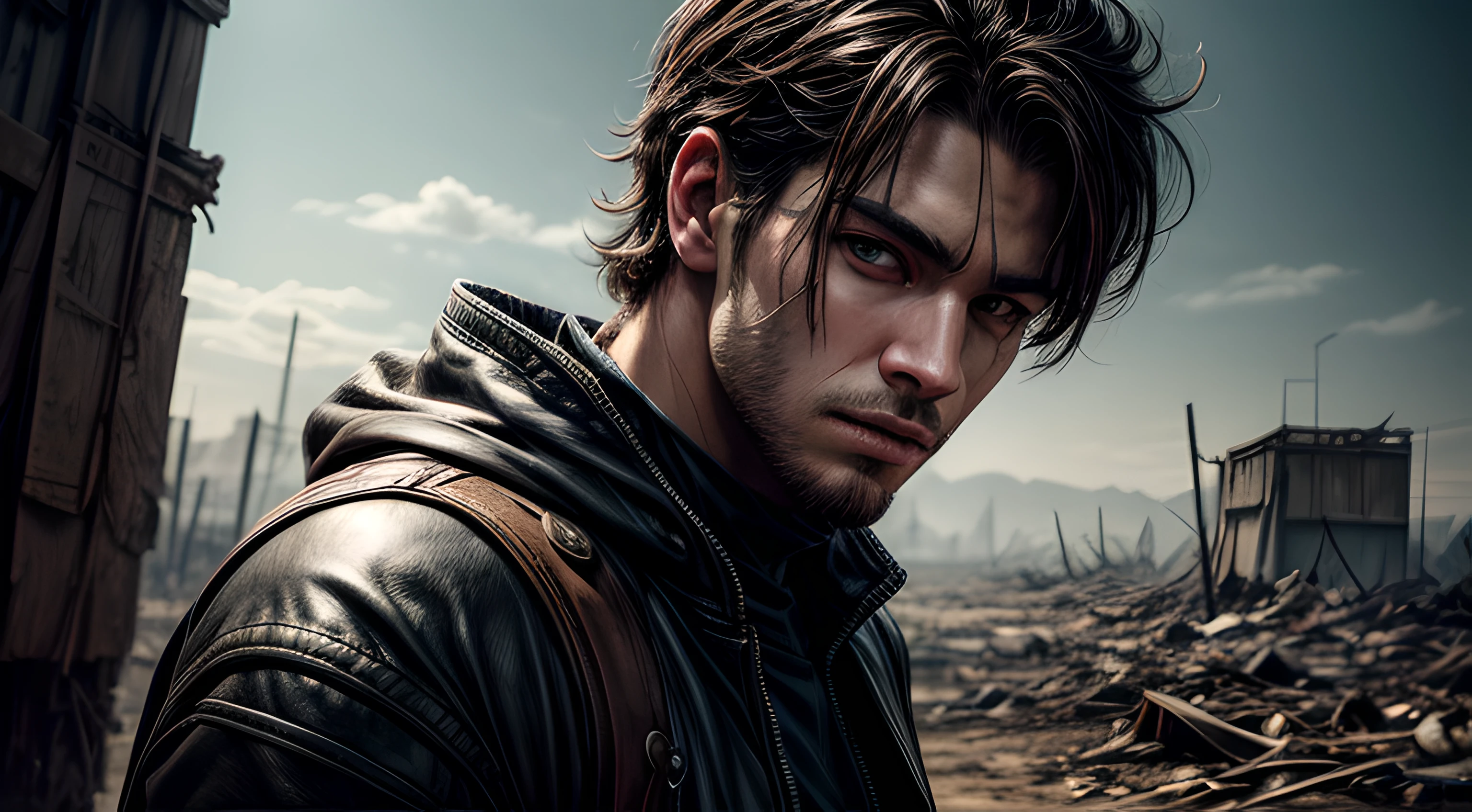 a 23-year-old man exuding a powerful aura. He possesses an athletic build that emanates strength and determination. His dark hair, styled with a subtle ruggedness, frames his tawny skin, which bears the marks of countless adventures. His piercing onyx eyes, embellished with captivating gold flecks, hold a hint of mystery and depth. A rugged scar runs across his left eyebrow, a testament to his resilience. He wears combat leathers that hug his form, accentuating his muscular physique. The background depicts a post-apocalyptic wasteland, with desolate landscapes and remnants of a fallen civilization. The art style draws inspiration from the works of artist Brom, combining elements of fantasy and realism to create a visually stunning image. The camera angle captures him in a close-up shot, showcasing the intricate details of his features. The lighting is atmospheric, with a mix of warm and cool tones, casting dramatic shadows and adding depth to the scene
