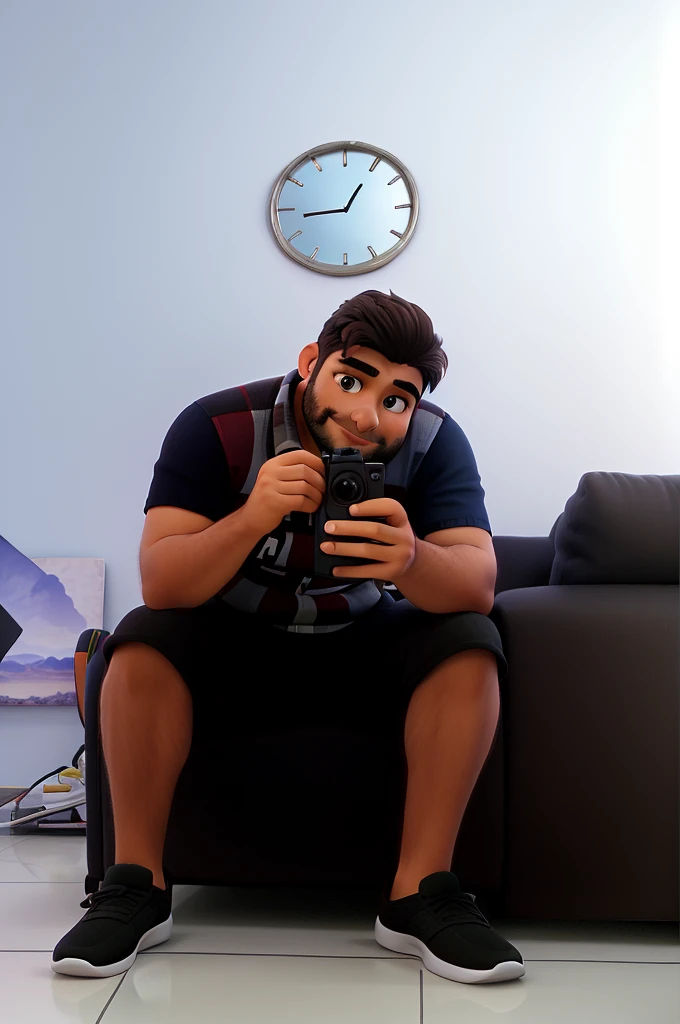 Man sitting on the sofa taking a photo in front of the mirror.