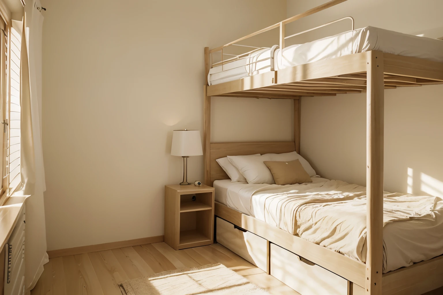 There was a room,there is a Bunk, There are large windows , serene and peaceful style, cream - colored room, soft zen minimalist, soothing and cozy landscape, warm interior, natural window lighting, airy landscape, beige color scheme, quiet and serene atmosphere, sand - colored walls, beige and dark atmosphere, warm interior, Relaxing environment, elegant minimalism, beautiful aesthetic design