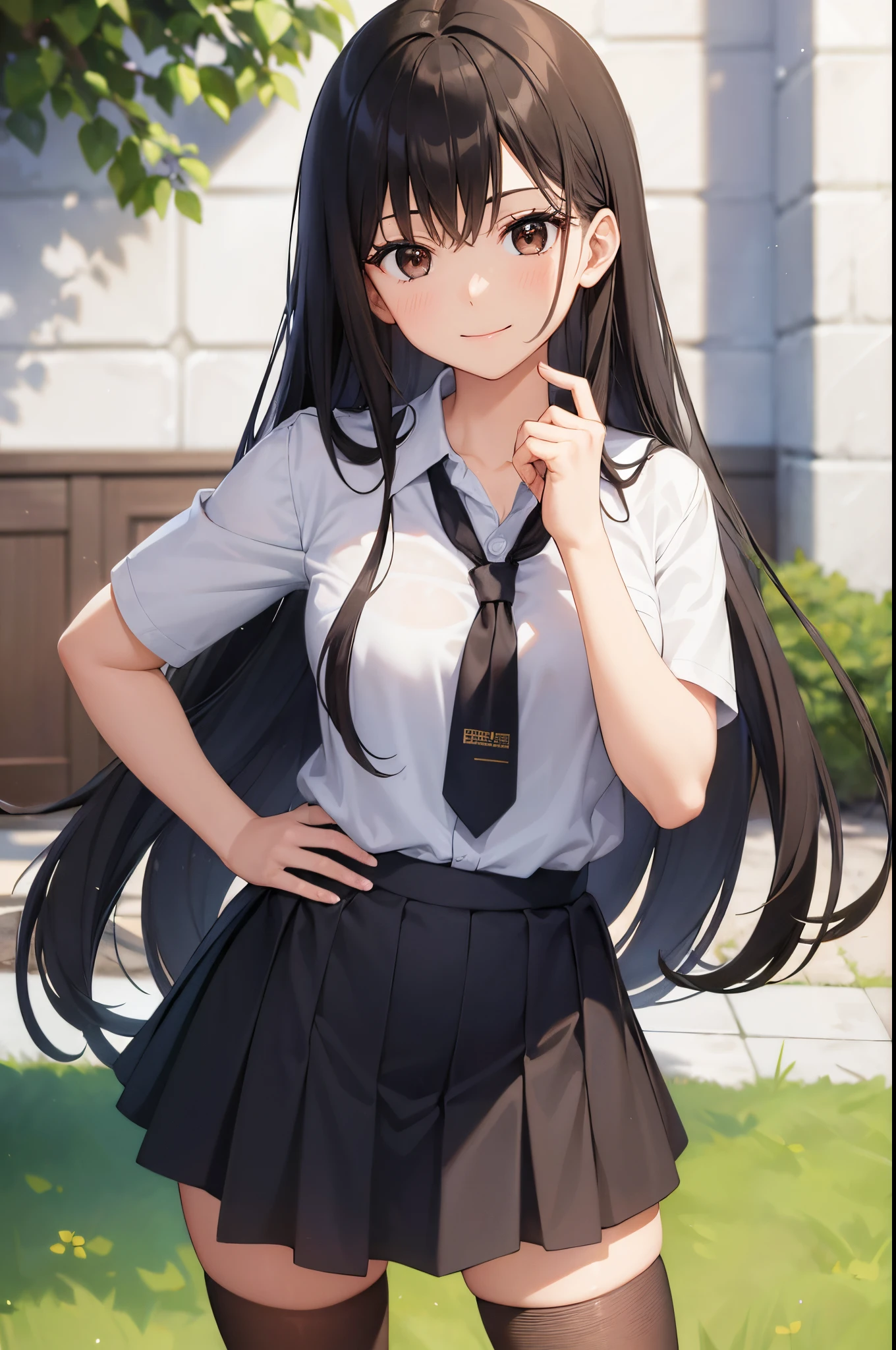 A girl wearing a black school uniform. She has long brown hair and brown eyes, smile, hand on hip,