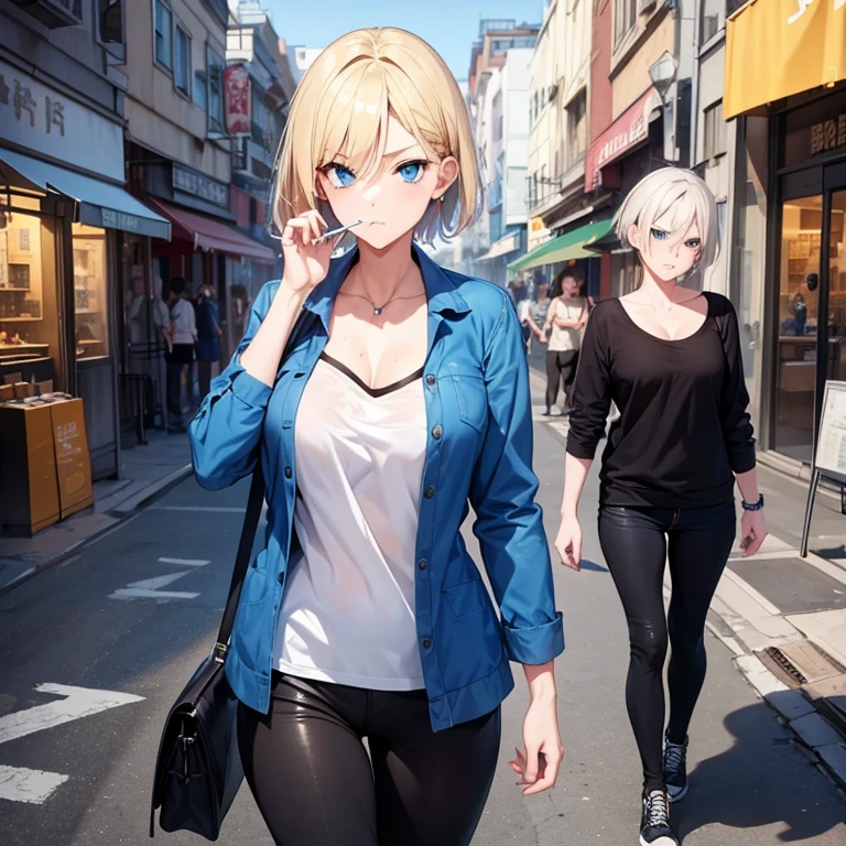 2D Anime Style、Blue eyes、breasts are slightly larger、A cool adult woman with short blonde hair and a serious expression.............、Casual Fashion,Bring the cigarette to your mouth with your left hand,Right hand is open,Walking around the city alone,