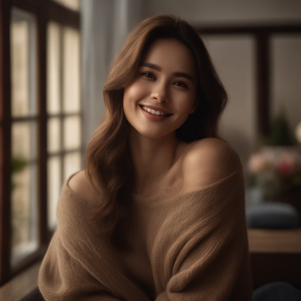top-quality、​masterpiece、超A high resolution、Photorealsitic、1girll、off shoulders、A smile、Oversized_Sweaters、Soft lighting、Detailed skin、Straight brown hair