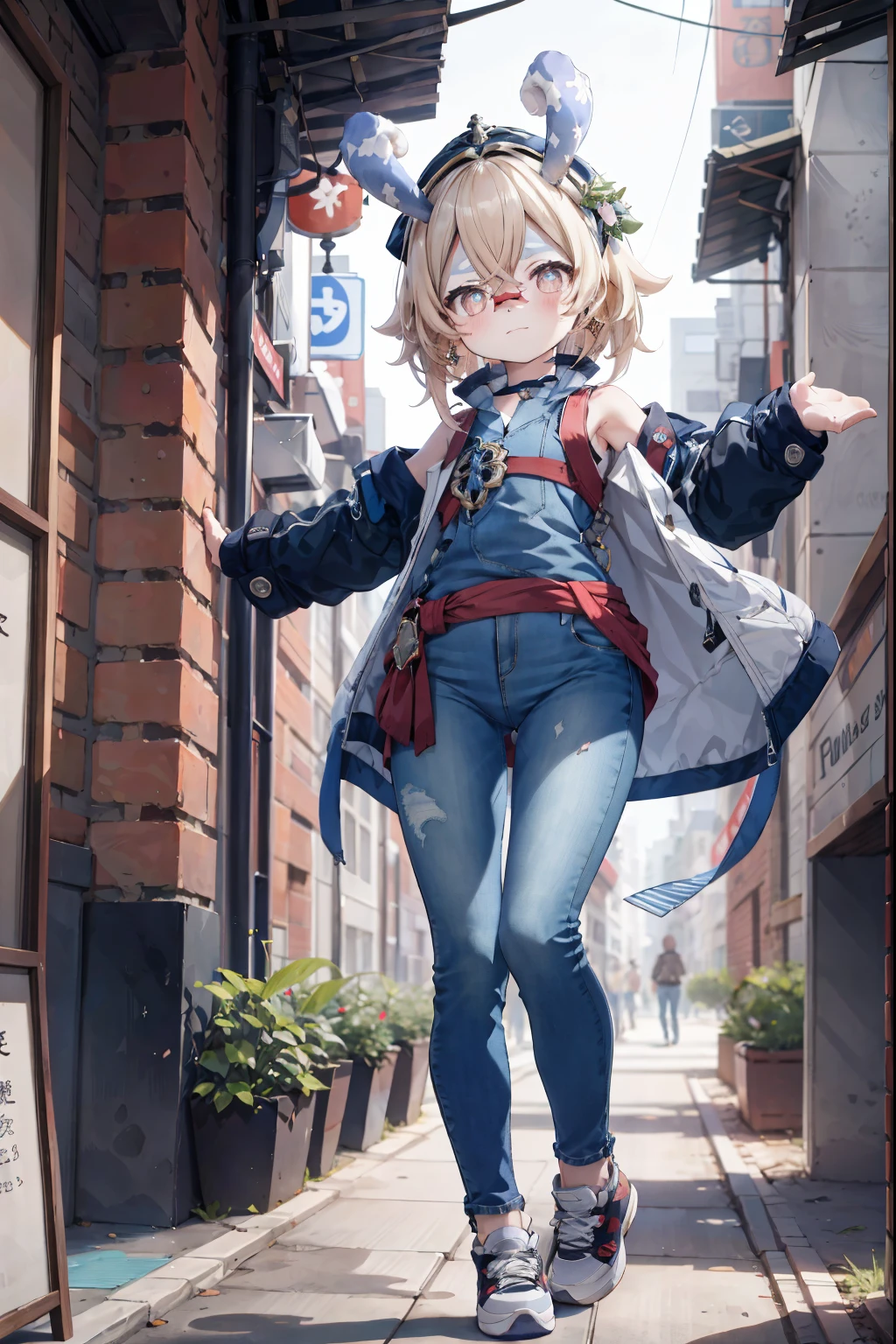 Melousine|genshin impact, masterpiece, bestquality,3 girl, Long Jeans,  Wear glasses, long-haired,unstable _Front,oily shiny skin,flat chest,nice leg line:1.3,thick thighs, thin-waist,, red_streaks_light_wrap_dress, white_platform_sneakers, woven_El_bag, straw_headgear, gold_hoop_earrings, jacket, long jeans city scenery,looking at the audience,From Top:1.2,dynamic angle