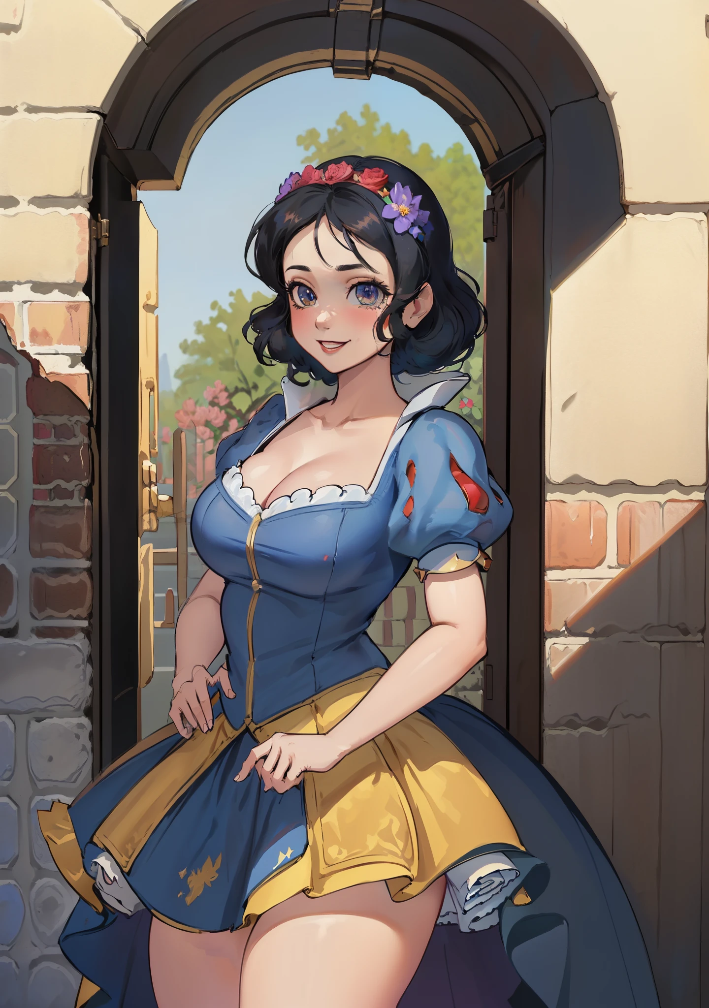 (SnowPrincessw:1), 1girl, smile, :D, sexy, looking at viewer, (dress, puffy short sleeves, skirt:1.2), from below, magic, (cute pose:1.2), (big breasts), curvy, big eyes, ((cute)), thick thighs, 

(realistic:1.2), (realism), (masterpiece:1.2), (best quality), (ultra detailed), (8k, 4k, intricate),(full-body-shot:1),(Cowboy-shot:1.2), (85mm),light particles, lighting, (highly detailed:1.2),(detailed face:1.2), (gradients), sfw, colorful, (detailed eyes:1),

(detailed ladscape, castle, big door, bricks, flowers:1.2), (detailed background),detailed landscape, (dynamic angle:1.2), (dynamic pose:1.2), (rule of third_composition:1.3), (Line of action:1.2), wide shot, daylight, solo,