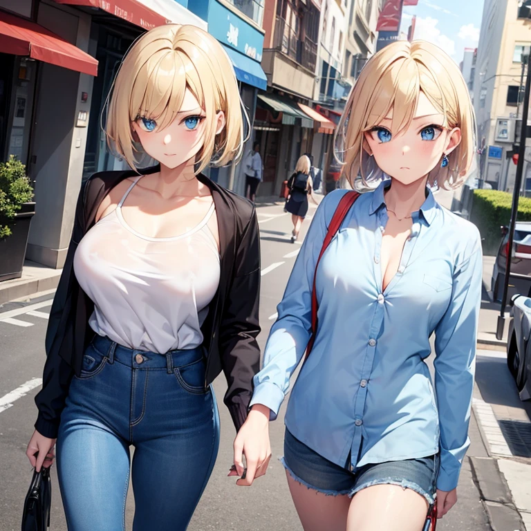 2D Anime Style、Blue eyes、breasts are slightly larger、A cool adult woman with short blonde hair and a serious expression.............、Casual Fashion,I have a cigarette in my mouth,I have a lighter in my right hand,Walking around the city alone,