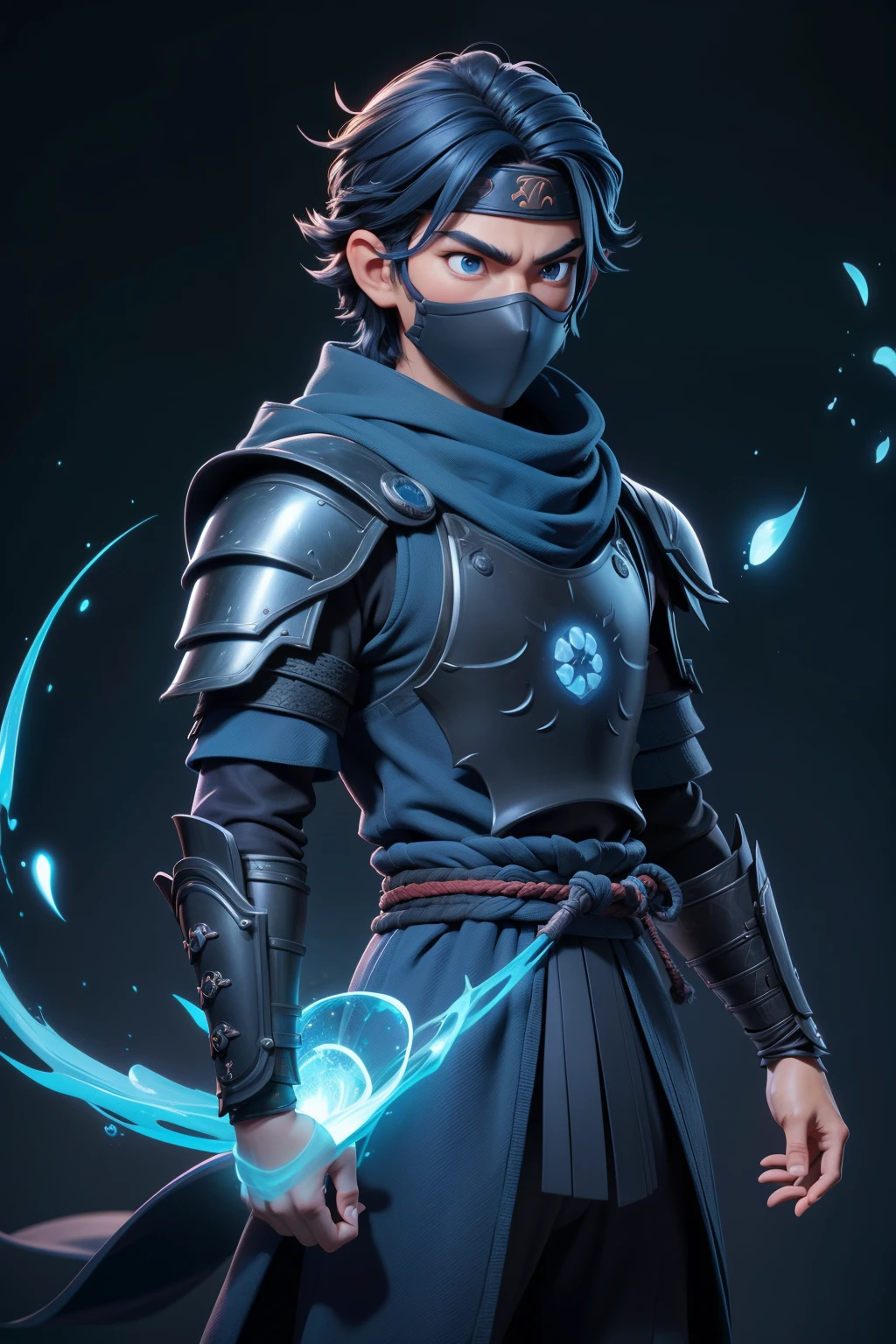 a handsome male water elemental spirit, short hair, dark blue hair, shoulder-length hair, smooth hair, meditating, young japanese boy, teenager, (), male humanoid, elegant, calm expression, relaxed, detailed eyes, glowing eyes, perfect eyes, perfect hands, blue water powers, cartoonish, digital art, concept art, (wearing a black headband, samurai armor, a ninja scarf covering his mouth, short hood), asian ninja, water mage, arcane powers, cosmic, stars, a city in the distant, tokyo, waves, blue and black clothing, starlight, anime artstyle, masterpiece, highest quality, high resolution, intricate details, portrait, cute