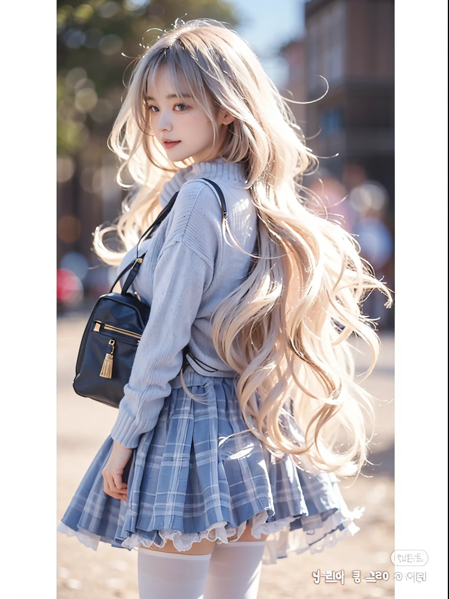 １９Year old woman, , In the daytime, largeaperture，shinny hair，, the shy，tmasterpiece, actual, high-necksweater，Blue JK skirt，White panty hose，korean people, Well structured appearance, high high quality, clean clothing, emaciated