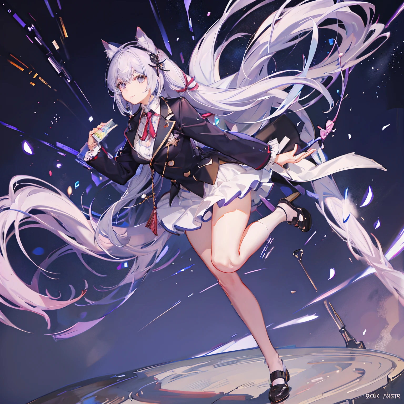 "anime girl, 1 person, silver white hair tied on both sides, light pink purple eyes, wearing cat ear headphones, female shirt, female school uniform, tie, black miniskirt, big breasts, smiling, tights, standing cross-legged, side view, (full HD 4K+ image)"