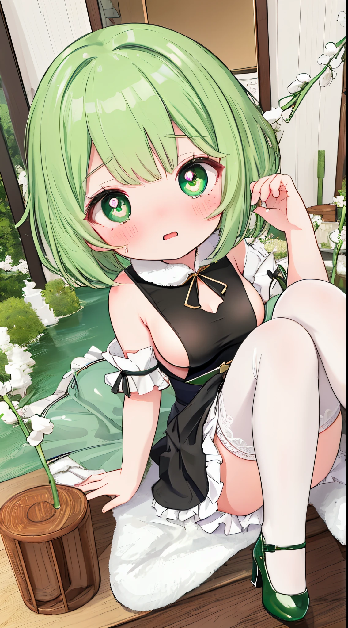 Best quality，face to the viewer，独奏，Short hair details，Cute big breasts，White stockings，Green-eyed，heart - shaped pupils，Alone，Green hair，inside a room，face flushed，夏天，weeping willow，lakeside，high-heels，Full body photo，Close-up of the task