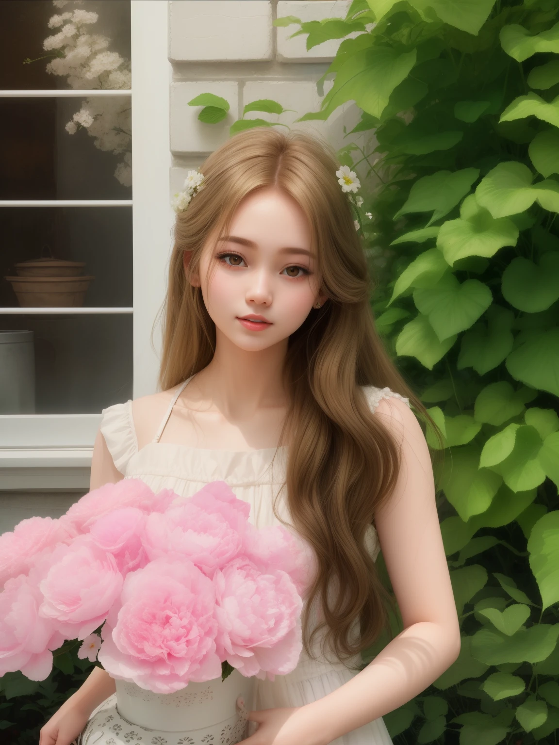 (best quality), big head, Girl With Blonde Hair ,White Pale Skin Tone , Korean , Pretty, Holding Flowers Bucket , Wearing Pretty Dress , Details , Girl Picture in Outdoor, Pretty Girl , Girl Holding Flower Bucket  , UHD , 8K