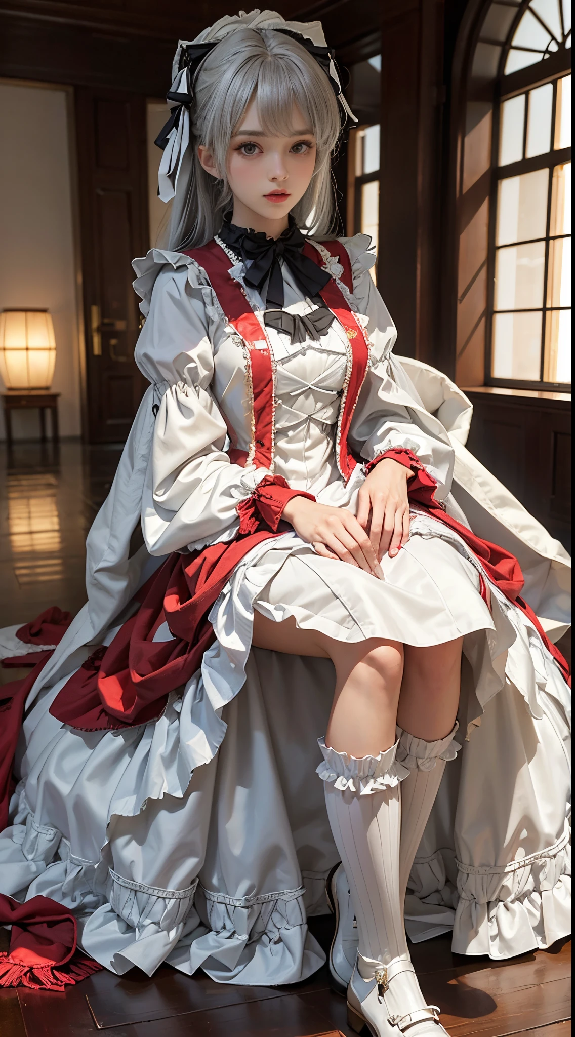(to the firmware), 1人の女性, 20yr old, 7headed body, (Clear face), (ideal body proportions), Modern old town view, ((ta costume:1.5)), (((Red muffler))), Wet with, white skinned, slenderness, black hair color hair, Long gray hair, pretty legs, little ass, lean legs, ultra-realistic realism, 电影灯光, depth of fields, A person's point of view, F/1.8, 135mm, north african free trade area, On a table, Acura, Anatomically correct, ctextured skin, super detailing, high detal, high high quality, Award-winning, Best quality at best, A high resolution, 8K