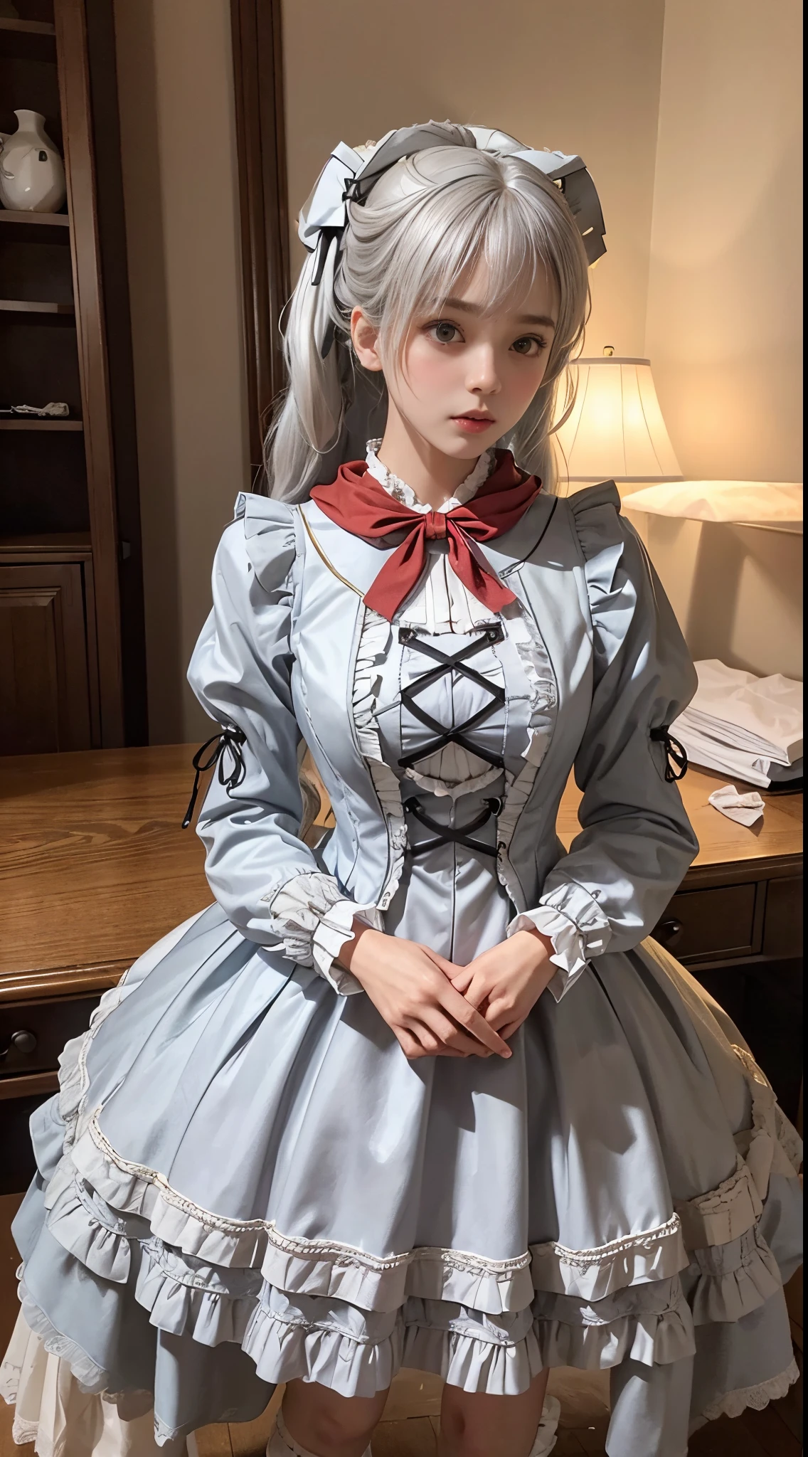 (to the firmware), 1人の女性, 20yr old, 7headed body, (Clear face), (ideal body proportions), Modern old town view, ((Lolita costume:1.5)), (((Red muffler))), Wet with, white skinned, slenderness, black hair color hair, Long gray hair, pretty legs, little ass, lean legs, ultra-realistic realism, 电影灯光, depth of fields, A person's point of view, F/1.8, 135mm, north african free trade area, On a table, Acura, Anatomically correct, ctextured skin, super detailing, high detal, high high quality, Award-winning, Best quality at best, A high resolution, 8K