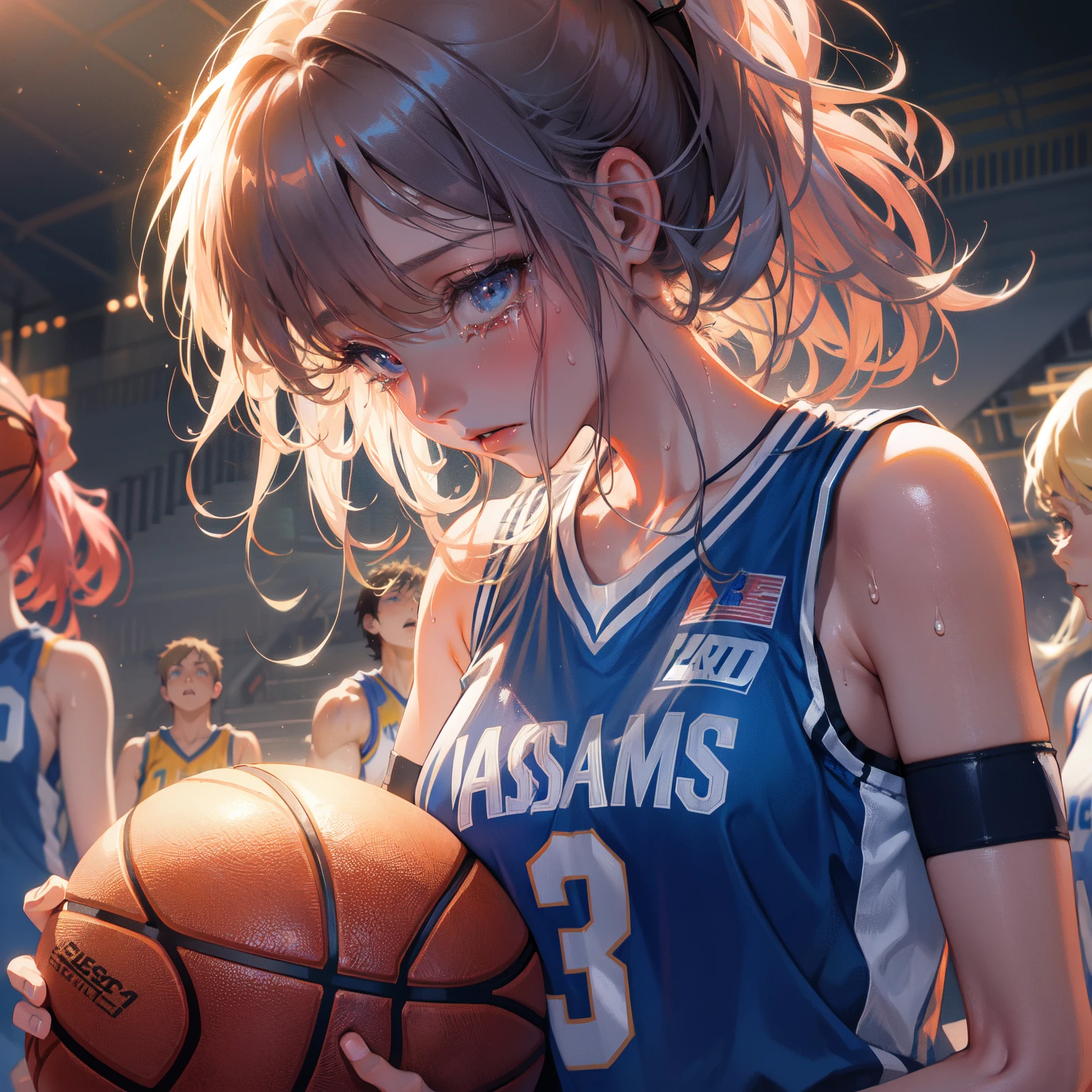 (:1.3)、(Girl rides guy perfectly:1.3)、(eyes half closed)、(Grin:1.3)、(Big tears:1.3)、(Drooling from the mouth:1.3)、(The body shakes violently:1.5)、8K resolution、 masterpiece、((Highest quality))、Anatomically correct、(Basketball Uniforms:1.3)、((Hasselblad Photos))、[:(Detailed face:1.2):0.2]