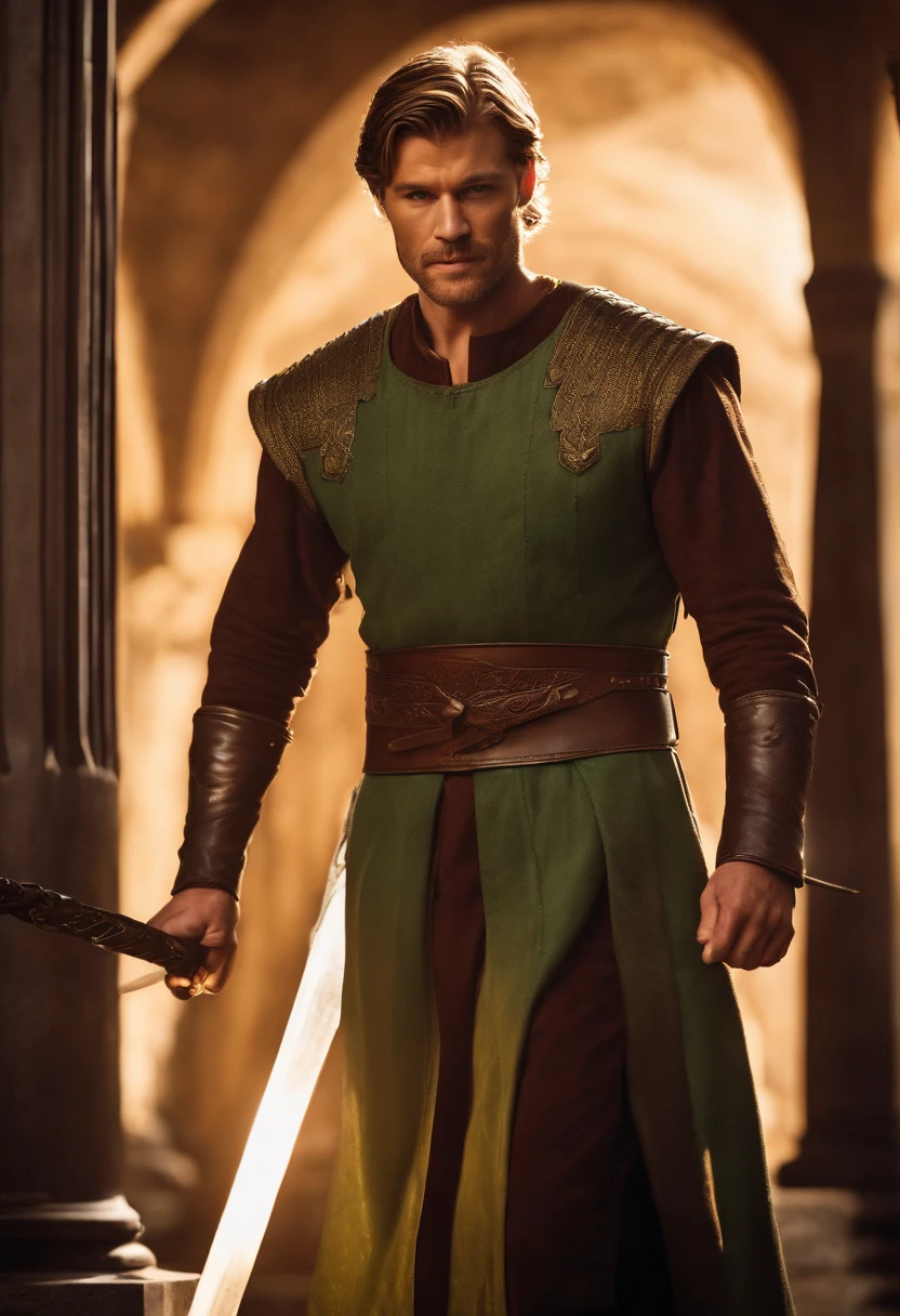 A photo of Jaime showing off his swordsmanship skills by effortlessly slicing through a row of melons with a confident smirk on his face.,Game of Thrones TV series,Jaime is handsome, blonde, with green eyes, and a golden hand, famously portrayed by Nikolaj Coster-Waldeau
