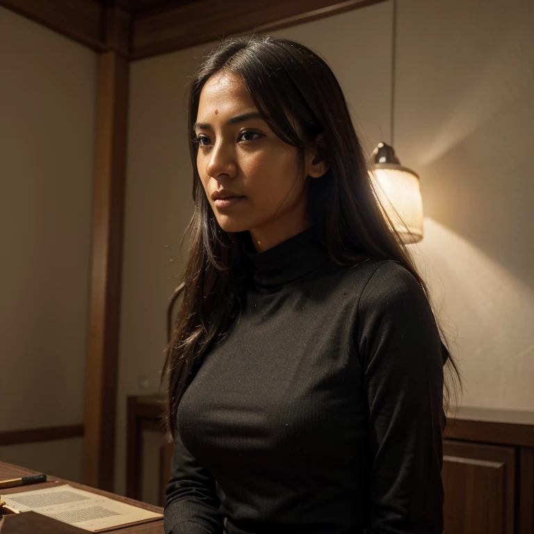 (RAW photo, best quality), (realistic, photo-realistic:1.3),best quality, attractive, Indian, 38 years, black tight clothes, portrait, highly detailed,masterpiece,ultra-detailed,illustration,1girl,upper_body,dynamic angle,world masterpiece theater,messy_long_hair,best quality,extremely detailed CG unity 8k wallpaper,ink,Amazing,cinematic lighting,lens_flare, dunhuang_style