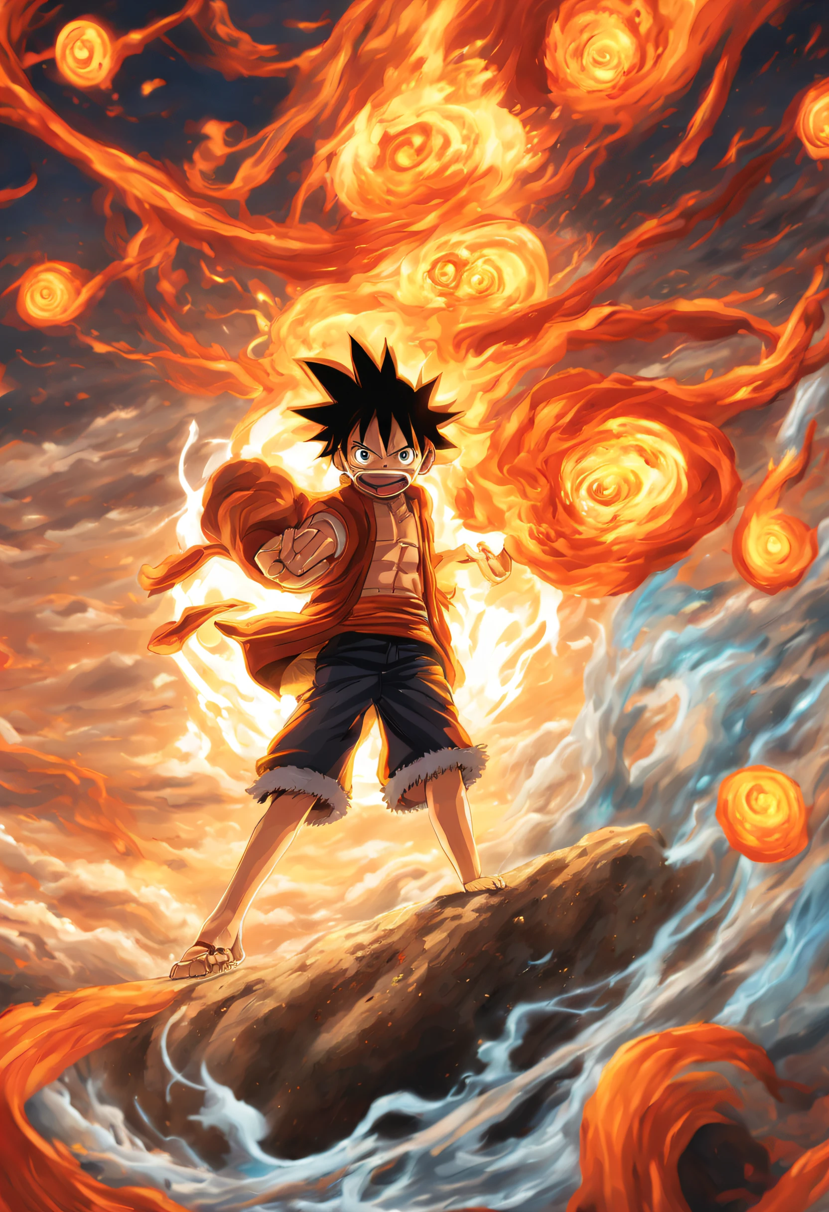 Design an image where Luffy and Naruto harness elemental powers, such as fire and wind, combining the essence of their respective universes. The interaction of these elements can form a captivating and powerful scene.