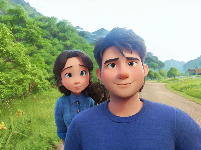 Lovely couple.middle road with boy with blue shirt 3D background