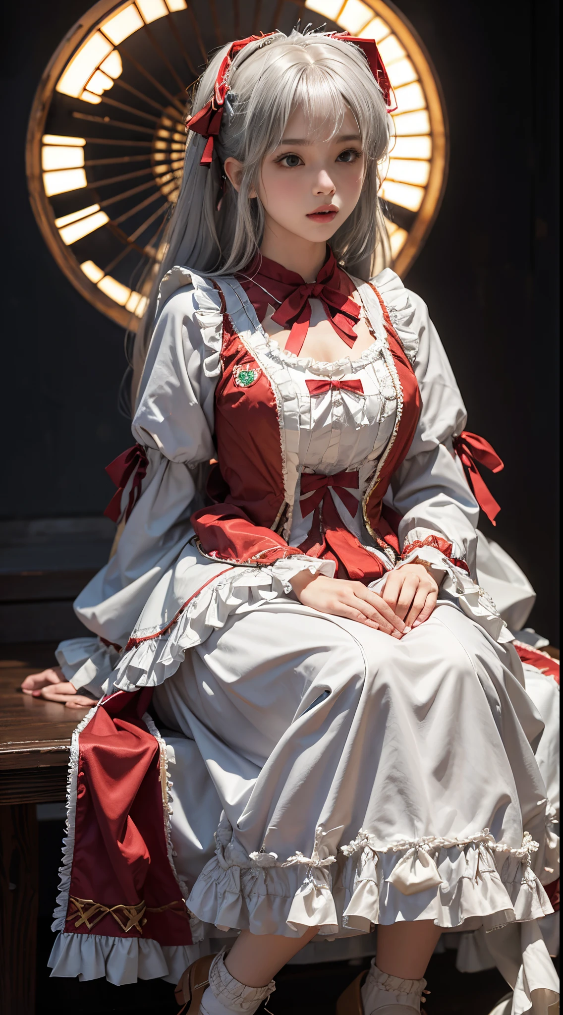 (to the firmware), 1人の女性, 20yr old, 7headed body, (Clear face), (ideal body proportions), Modern old town view, ((ta costume:1.5)), (((Red muffler))), Wet with, white skinned, slenderness, black hair color hair, Long gray hair, pretty legs, little ass, lean legs, ultra-realistic realism, 电影灯光, depth of fields, A person's point of view, F/1.8, 135mm, north african free trade area, On a table, Acura, Anatomically correct, ctextured skin, super detailing, high detal, high high quality, Award-winning, Best quality at best, A high resolution, 8K