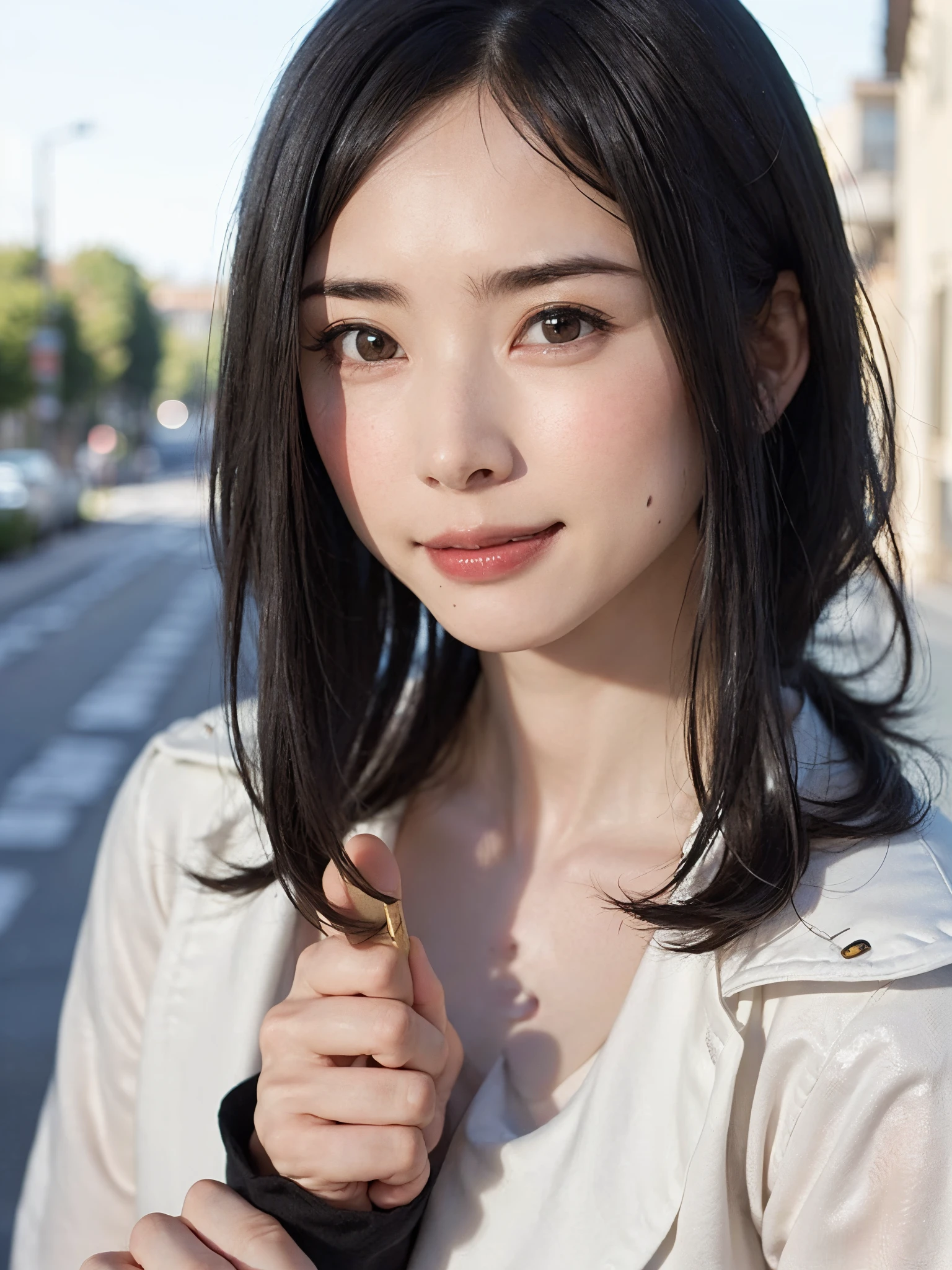 (masutepiece, top-quality、The ultra -The high-definition、Very attractive adult beauty、Add intense highlights to the eyes、Look firmly at the camera:1.4、Absolutely beautiful bangs:1.4、Brunette's short bob hair with bangs:1.4),1girl in, 独奏, A dark-haired, scarf, Hats,, realisitic, looking at the viewers, black eyes of light color, shorth hair, coat, Winter clothes, White headscarf, s lips, lipgloss，bangss, The upper part of the body、big eye、Lashes)、((Road system in Italy、Hyperreal Stick:1.4))、((Shorthair with bangs:1.4、Beautiful bangs with 46 points:1.4、big eye、Put very strong highlights in your students、very Bigger breasts、gazing at viewer、Very beautiful beauty、Put your ears out、long neck、little smiling、Beautiful teeth、Open your mouth and smile))、28 year old、Very cute supermodel