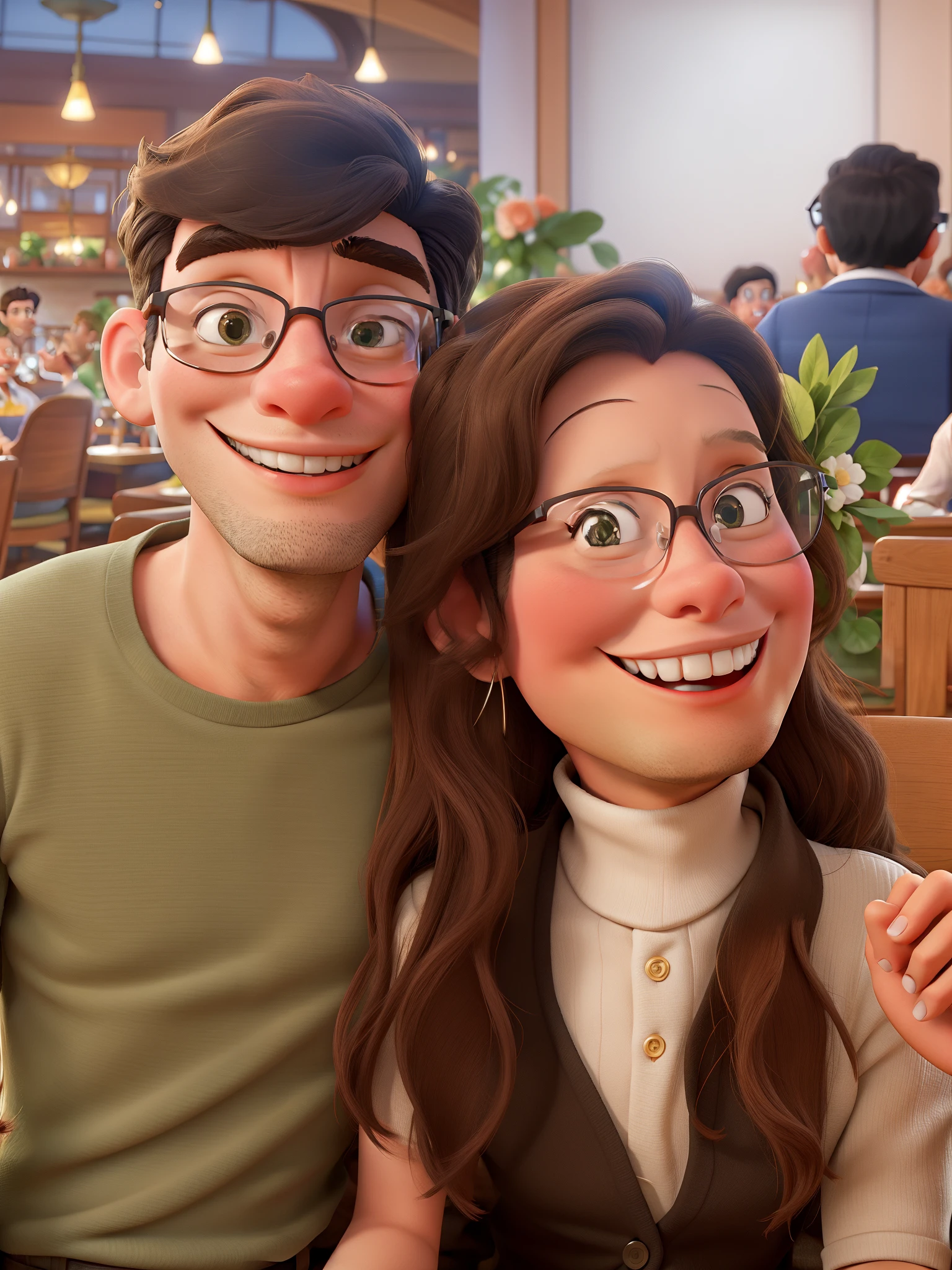 Disney Style Couple With Glasses Smiling In Restaurant.