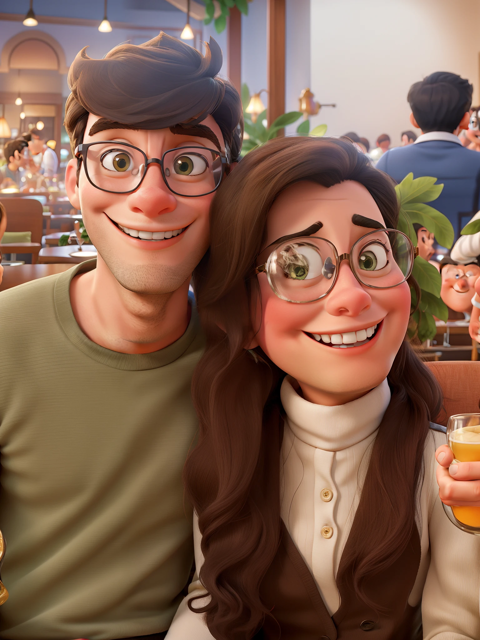 Disney Style Couple With Glasses Smiling In Restaurant.