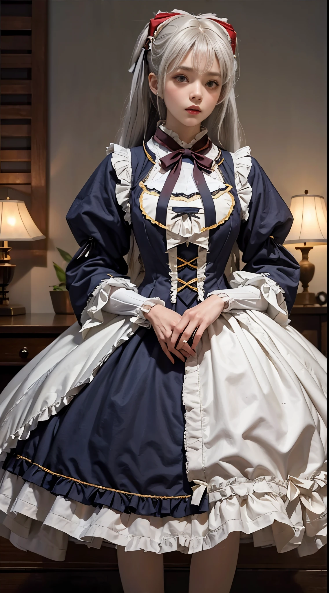 (to the firmware), 1人の女性, 20yr old, 7headed body, (Clear face), (ideal body proportions), Modern old town view, ((Lolita costume:1.5)), (((Red muffler))), Wet,  white skinned, slenderness, black hair color hair, Long gray hair, pretty legs, little ass, lean legs, ultra-realistic realism, 电影灯光, depth of fields, A person's point of view, F/1.8, 135mm, north african free trade area, On a table, Acura, Anatomically correct, ctextured skin, super detailing, high detal, high high quality, Award-winning, Best quality, A high resolution, 8K