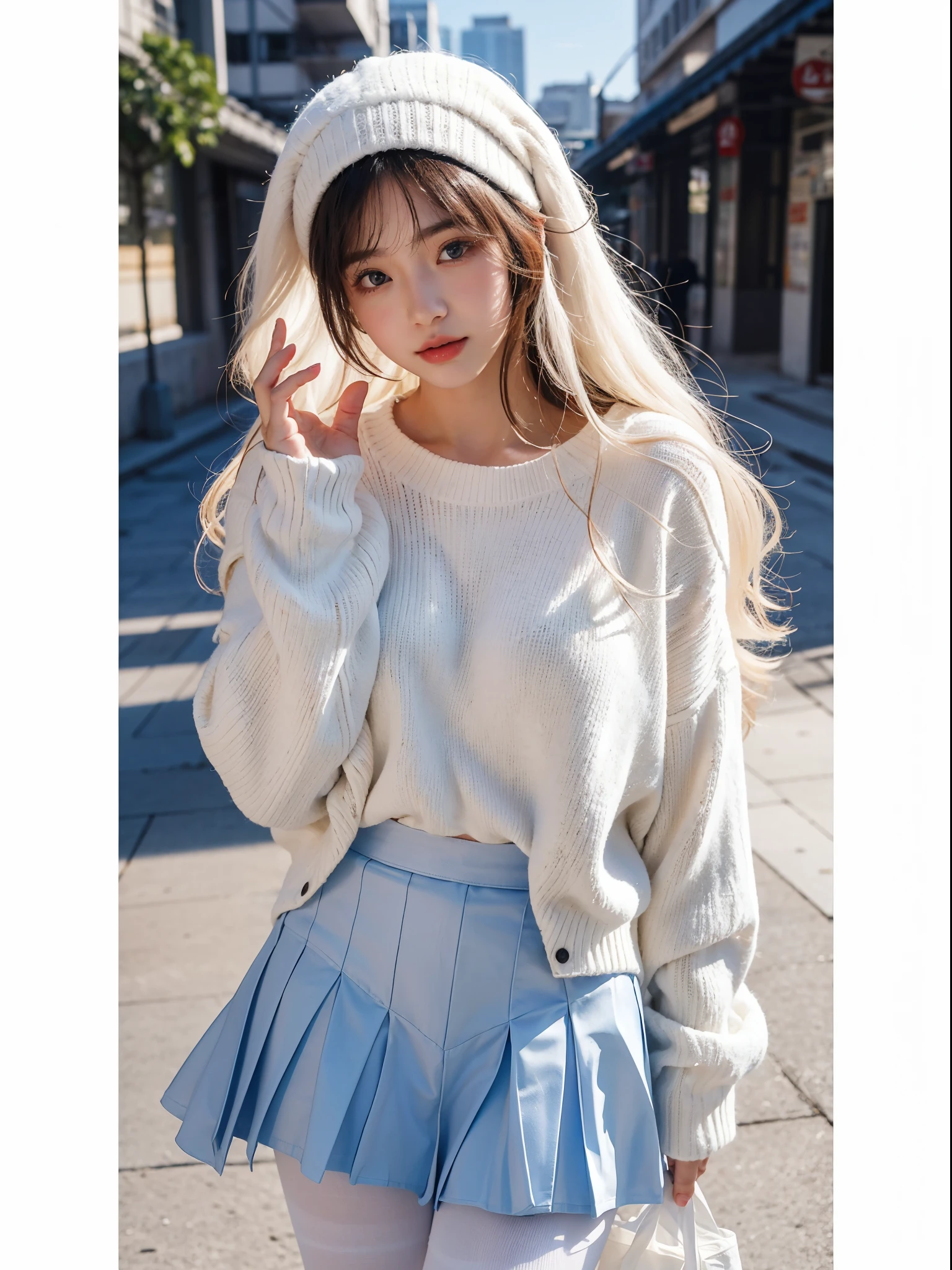 19Year old woman, , In the daytime, largeaperture,Shiny hair,, the shy,tmasterpiece, actual, high-necksweater,Blue JK skirt,White panty hose,korean people, Well structured appearance, high high quality, clean clothing, adolable