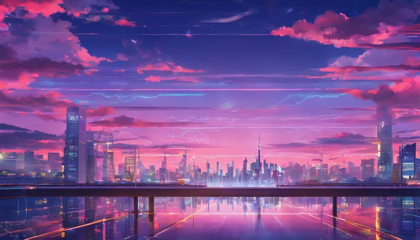 Close up portrait of city with neon sunset background, Synthwave City, vaporwave city, The Aesthetics of Synthwave, Neon City on the background, neo tokyo background, Neon metropolis on background, futuristic city backdrop, cyberpunk aesthetic, The backstory of the city is cyberpunk, Purple Cyberpunk City, Cyberpunk city background, cyberpunk aesthetic, cyberpunk vibe, Cyberpunk cityscape,anime clouds, Anime Background, Anime Sky, in the style of makoto shinkai, beautifull puffy clouds. animesque, style of makoto shinkai, makoto sinkai!, Beautiful anime scenery, Based on Makoto Shinkai, anime landscape wallpapers, makoto sinkai!!, makoto shinkai art style,japanaese girl,pale skin,美丽的面容(Purple hair)Red jacket,Tokyo at night, In a cyber-punk style,japanese streetwear,tokyo fashion,cyberpunk 2 0 7 7 in jacket,full-length,Engaging pose,Bottom View