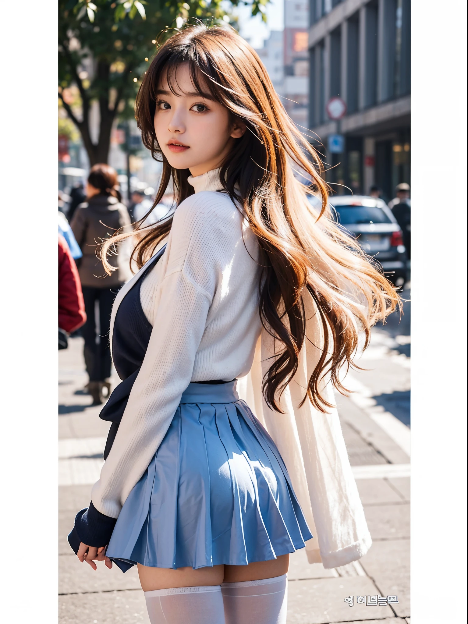 19Year old woman, , During the day, largeaperture,shinny hair,, the shy,tmasterpiece, actual, high-necksweater,Blue JK skirt,White panty hose,korean people, Well structured appearance, high high quality, clean clothing, cute big breasts