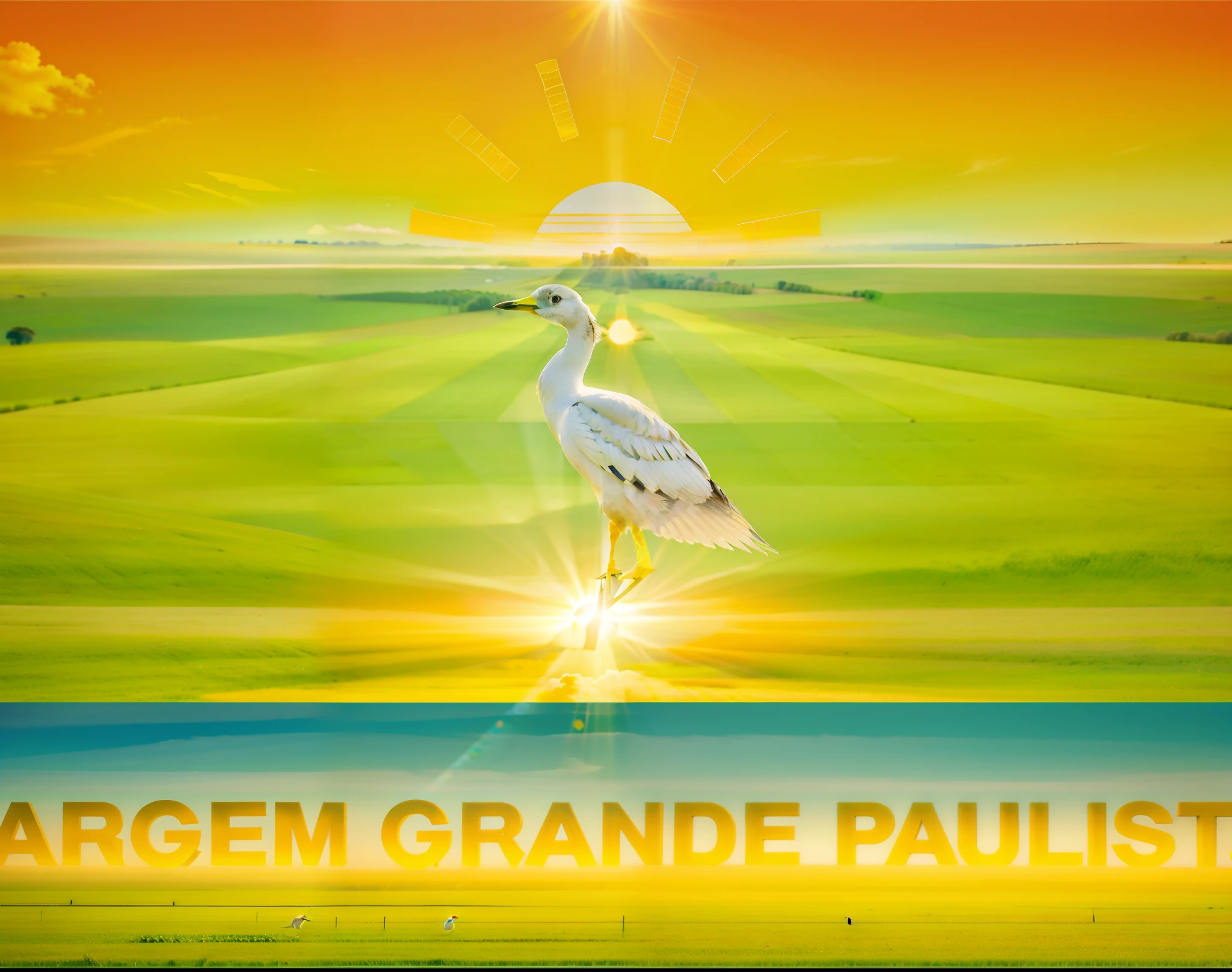 a white bird standing on top of a green field next to a sun, São Paulo, by Gen Paul, sao paulo, inspired by Antônio Parreiras, flag, [ digital art, brasil, concept piece, by Fernando Gerassi, brazil, by Enrique Grau, 256x256, 2 5 6 x 2 5 6