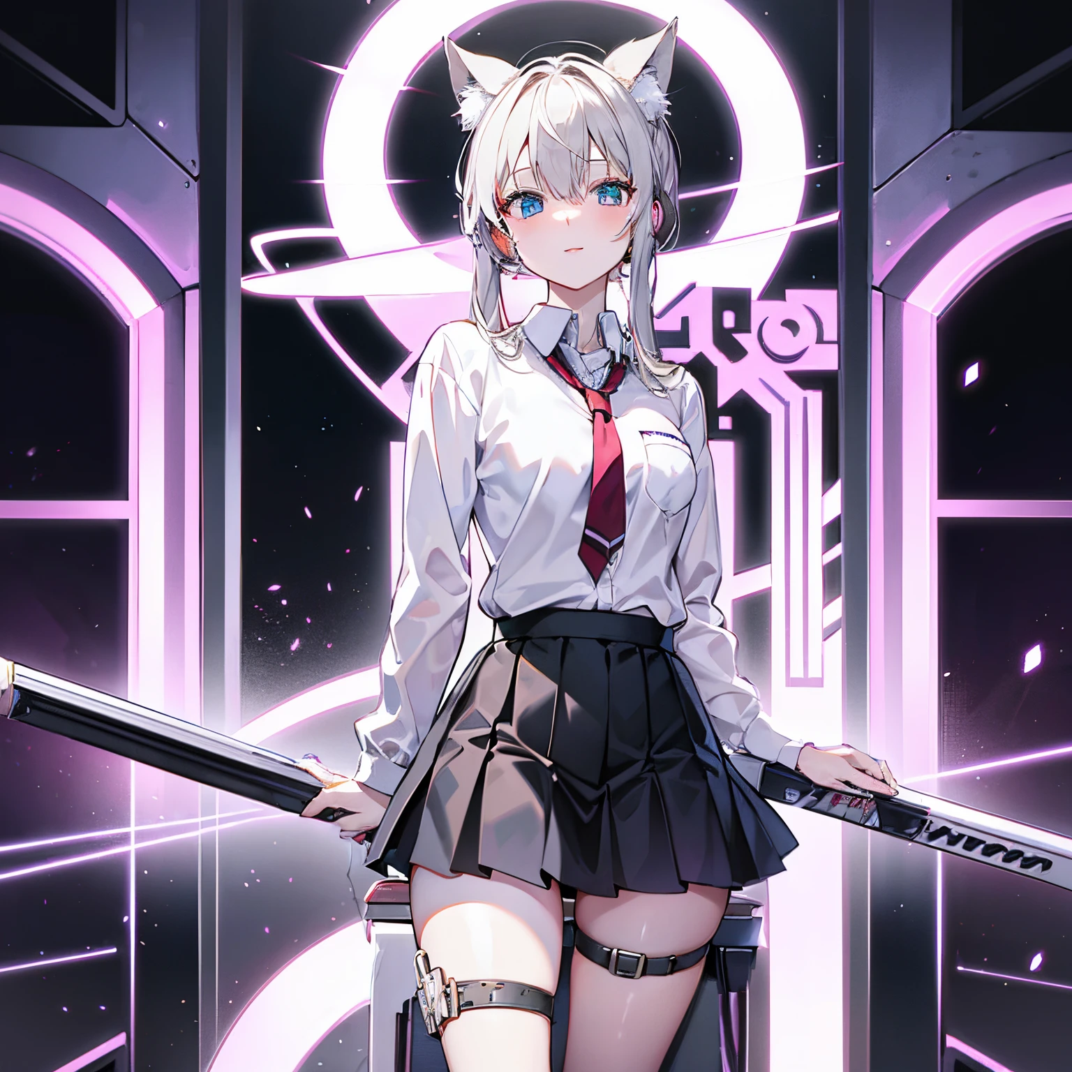 "anime girl, 1 person, silver white hair tied on both sides, light pink purple eyes, wearing cat ear headphones, female shirt, female school uniform, tie, black miniskirt, big breasts, smiling, tights, standing cross-legged, side view,solo (full HD 4K+ image)"