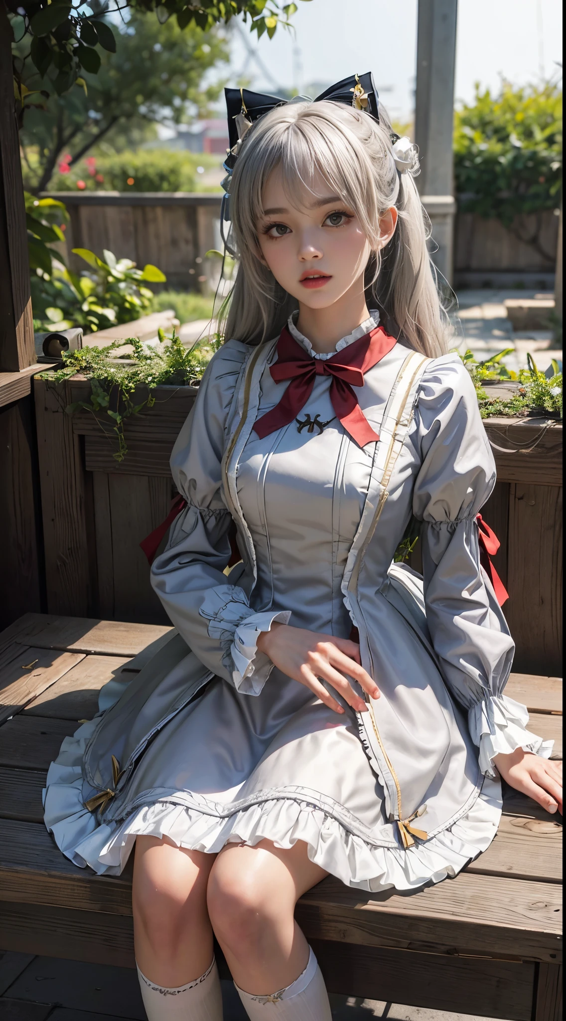 (to the firmware), 1人の女性, 20yr old, 7headed body, (Clear face), (ideal body proportions), Modern old town view, ((Lolita costume:1.5)), (((Red muffler))), Wet, white skinned, slenderness, black hair color hair, Long gray hair, pretty legs, little ass, lean legs, ultra-realistic realism, 电影灯光, depth of fields, A person's point of view, F/1.8, 135mm, north african free trade area, On a table, Acura, Anatomically correct, ctextured skin, super detailing, high detal, high high quality, Award-winning, Best quality, A high resolution, 8K
