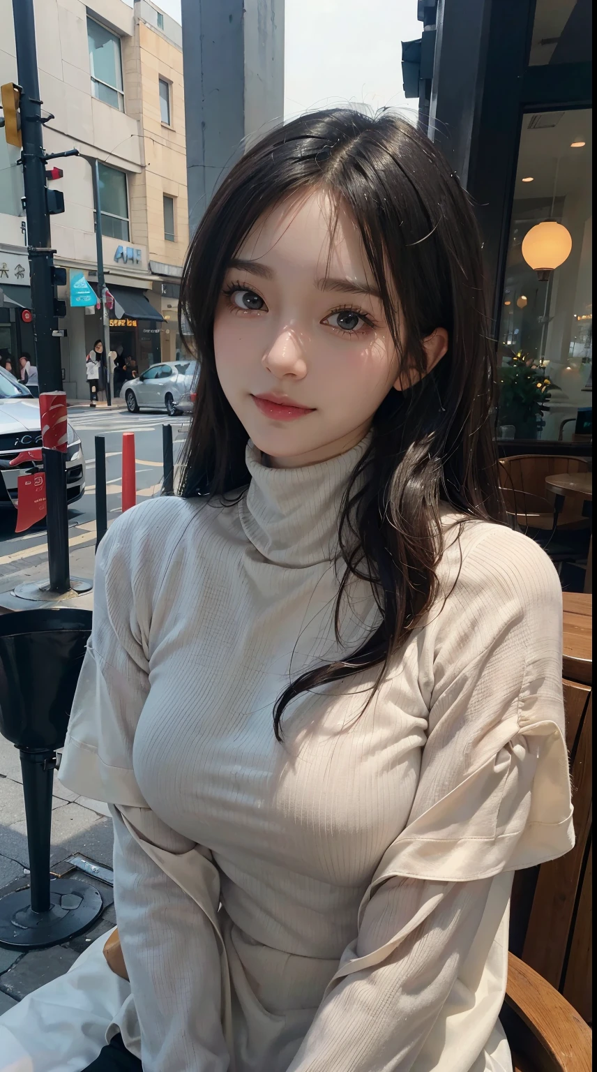 ((Mature woman sitting in front of café)),((turtleneck shirt:1.3)). Photography, masutepiece, Best Quality, dark grey background, ((Mature Women, waifu, Mami, A MILF)), ((middlebreasts)), Perfect face, perfect tits, middlebreasts, ((Gorgeous bright black hair girl with brown eyes)). a Pretty Japanese woman,completely soft chest and white skin,,,,, ((Very soft breasts)). Ultra-detailed face, Detailed eyes, embarrassed, Smile, Summer, Daytime, (((Slave Collar))), Half body, Cleavage Dresses Soft Breasts Realistic Photo Real