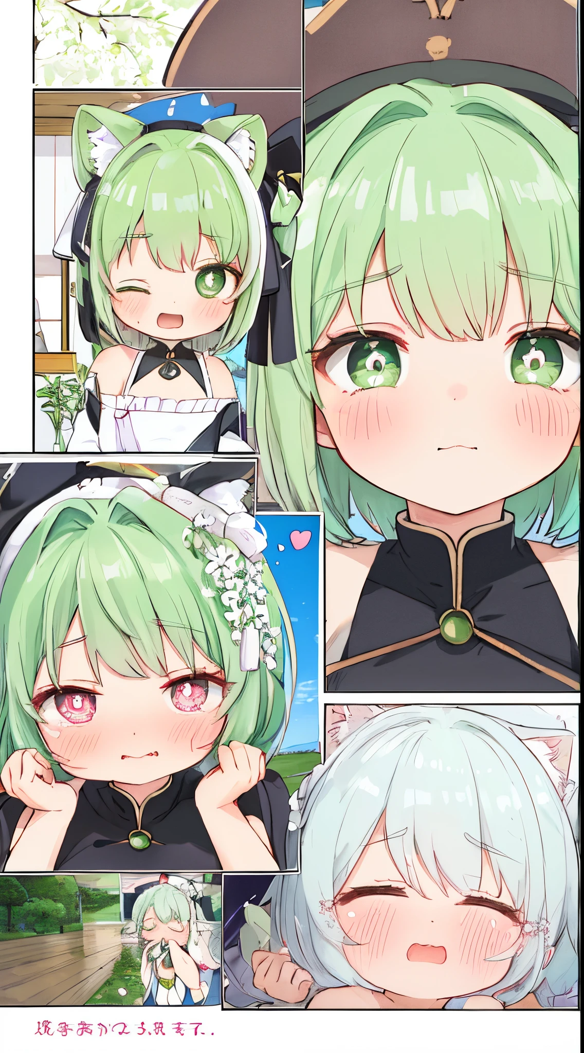 Best quality at best，face to the viewer，独奏，Short hair details，Cute little，White stockings，Green-eyed，heart - shaped pupils，Alone，Green hair，inside a room，face flushed，weeping，is shy，winking，Dynamic expressions，夏天，weeping willow，lakeside，high-heels，fully body photo，dynamicposes，Close-up of people