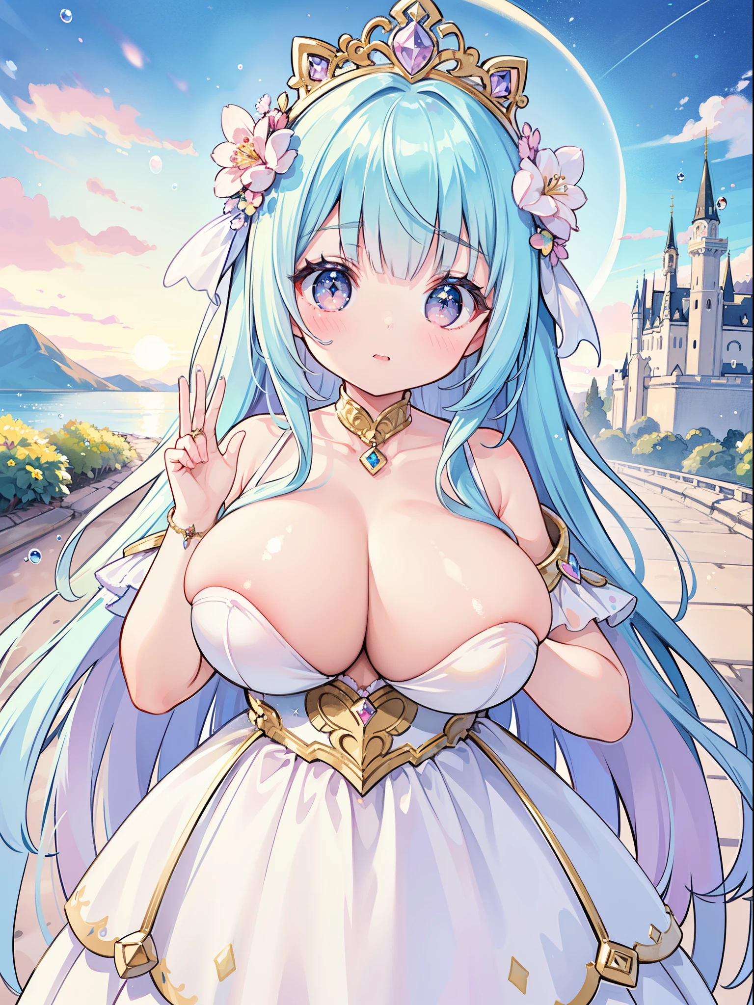 masterpiece, best quality, 8k resolution, sharp focus, intricate detail, beautiful girl, sparkling eyes, golden ratio face, otherworldly liquid, watercolor, ((pastel colors)), bright colors, whimsical, colorful, sharp focus, high resolution, fine detail, princess fantasy ballgown, ((round eyes)), iridescent bubbles, castle landscape in background,((huge breast))