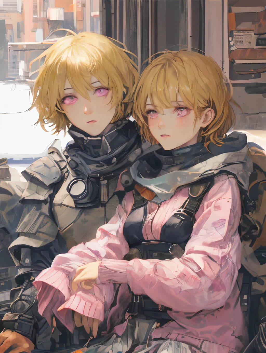 Pink eyes,a blond,short-hair