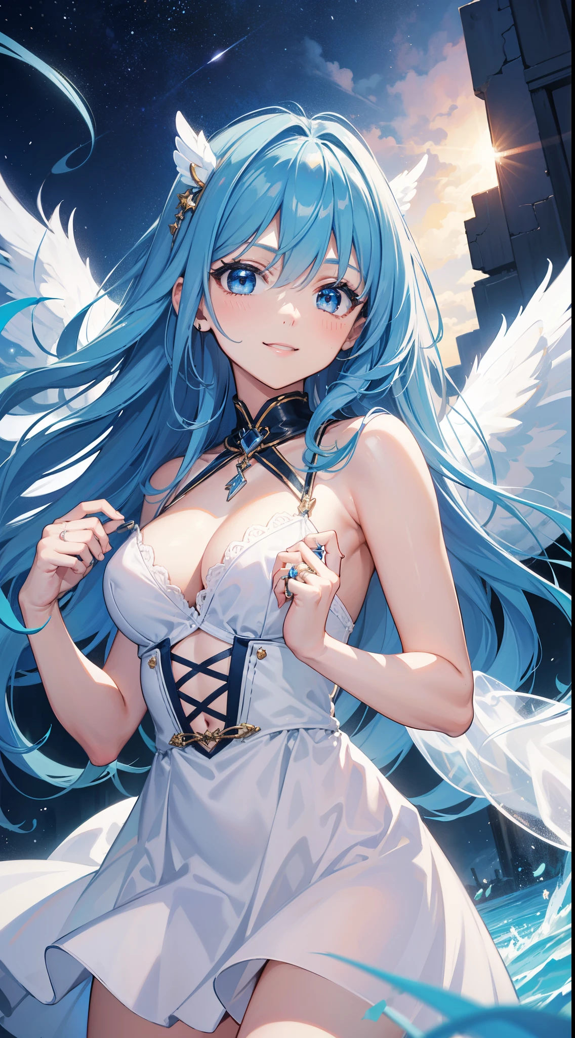 masterpiece,best quality,cinematic lightning,cute,angel girl,blue hair,blue eyes,smile,angel ring,angel wings,a−line dress,off shoulde,clear sky