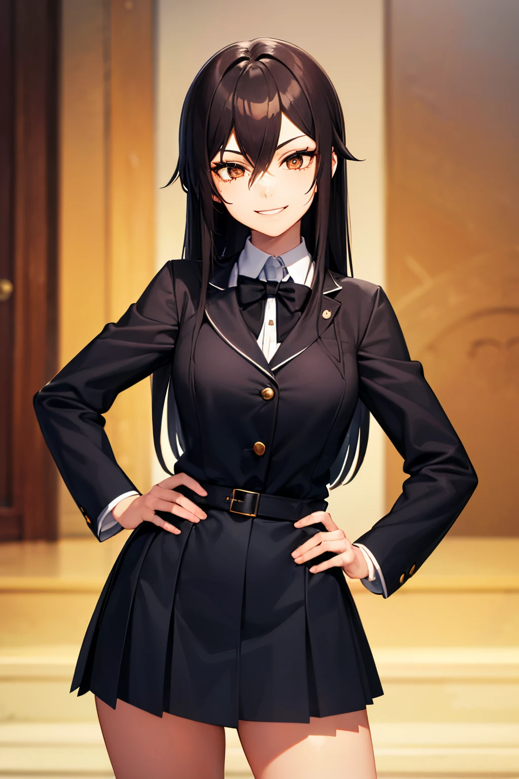 A girl wearing a black school uniform. She has long black hair and brown eyes, smile, hand on hip, ((devious smile))