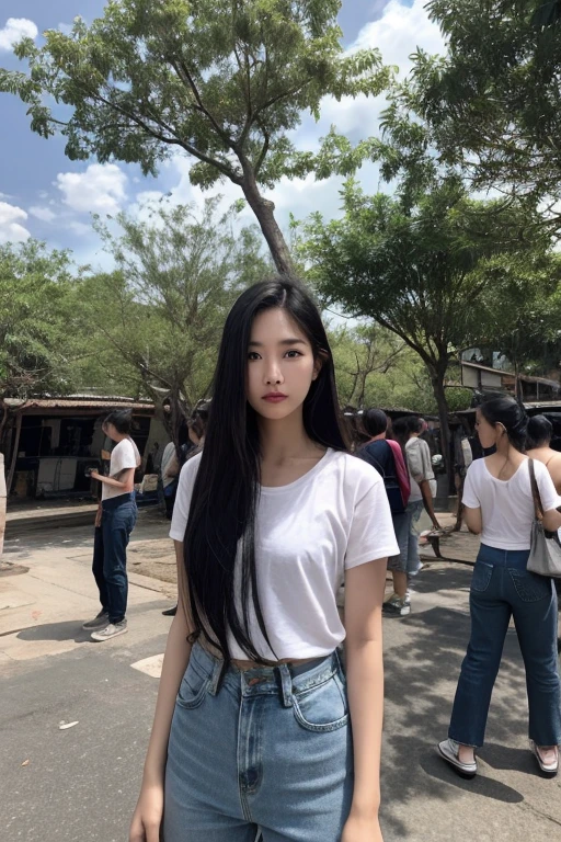 Thai woman, Just look at the audience, long whitr hair, The shirt, denim pant, clouds, daysies, Skysky,Outdoor activities, postapocalypse, 废墟, scenecy, The tree, Eau,