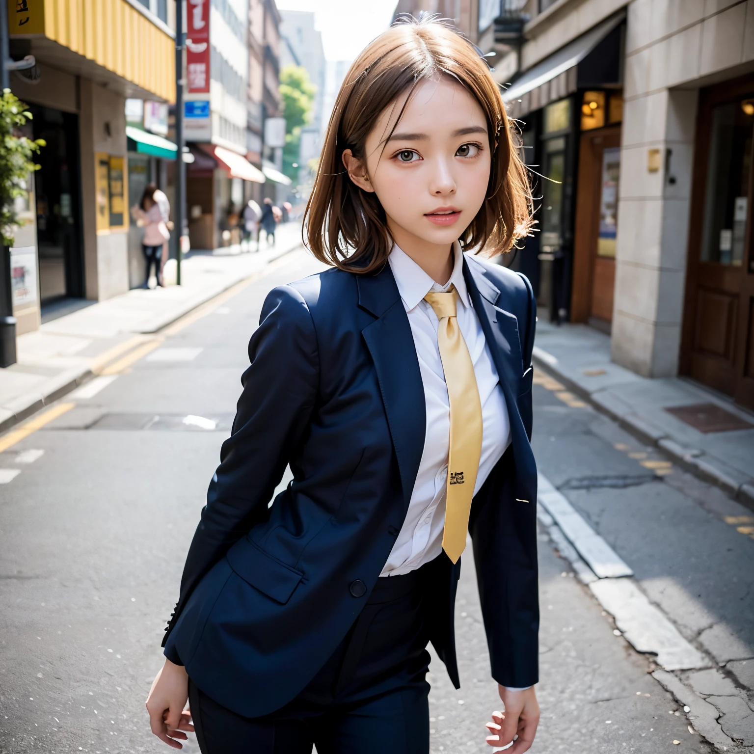 (masutepiece, Best Quality:1.2), 8K, Official art, Full body photo, full body Esbian、Emma fastening her tie.Back angle、turned around、cute butt、Suits、A dark-haired、years、small tits、A delightful、A smile、unbelievable Ridiculous, (Upper body, Dark blue suit:Cute Tie 1.4), Beautiful Girl, Pretty Face, arching back down, cute butt、Gold hair ornament on hair、Wearing a cute suit、close up, Wearing a suit, Short sleeve, gardenia, violaceaess, Teen, Street, Looking at Viewer, Film grain, chromatic abberation, Sharp Focus, face lights, Dynamic lighting, Cinematic lighting, Eyes and faces with detailed, Bokeh background, (Tie with Emma written on it、1 copy:1.2)