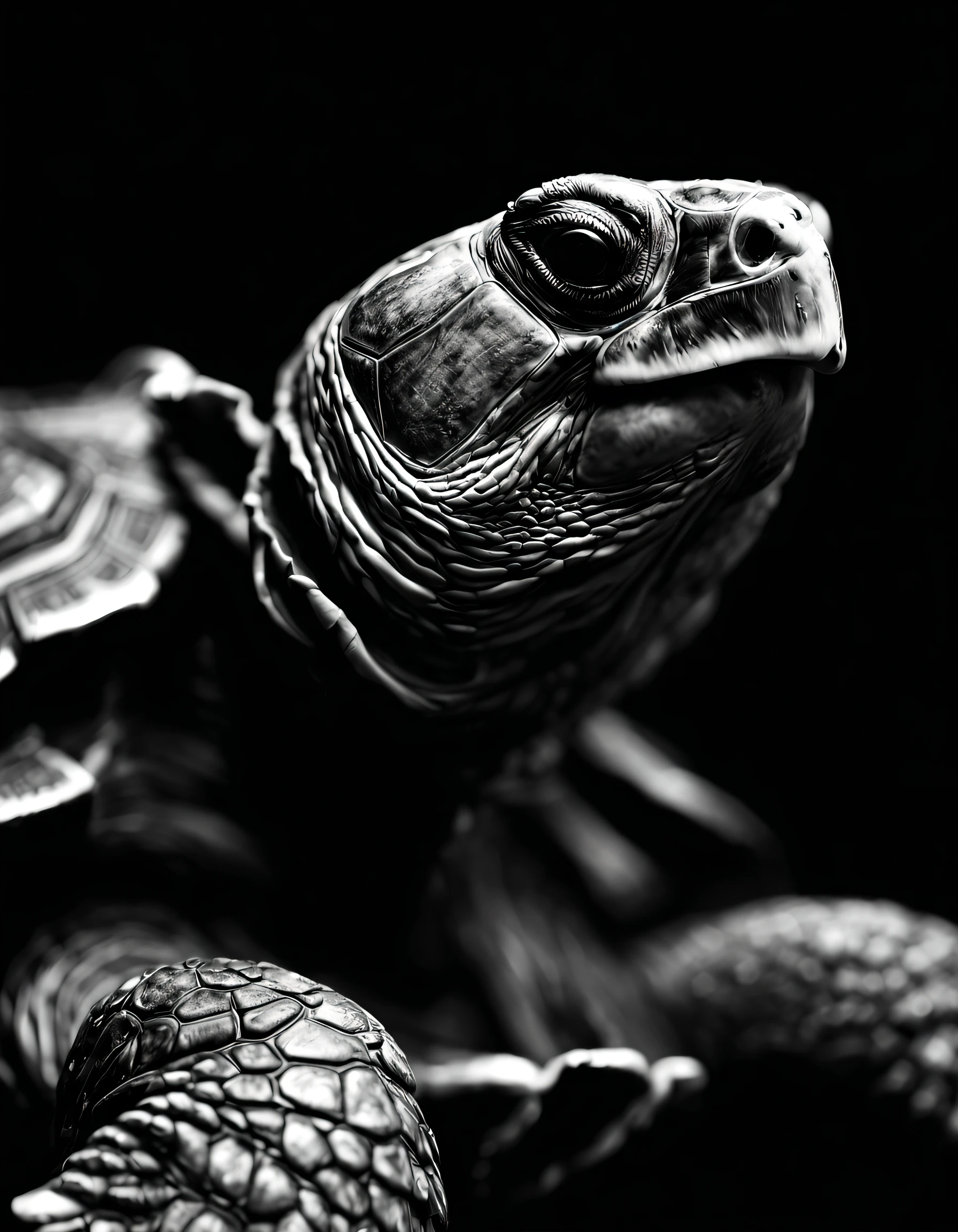 a black and white photo of a tortoise, a side portrait by Gerard Soest, black background, behance, naturalism, chiaroscuro, studio photography, studio portrait --ar 2:3 --v 5