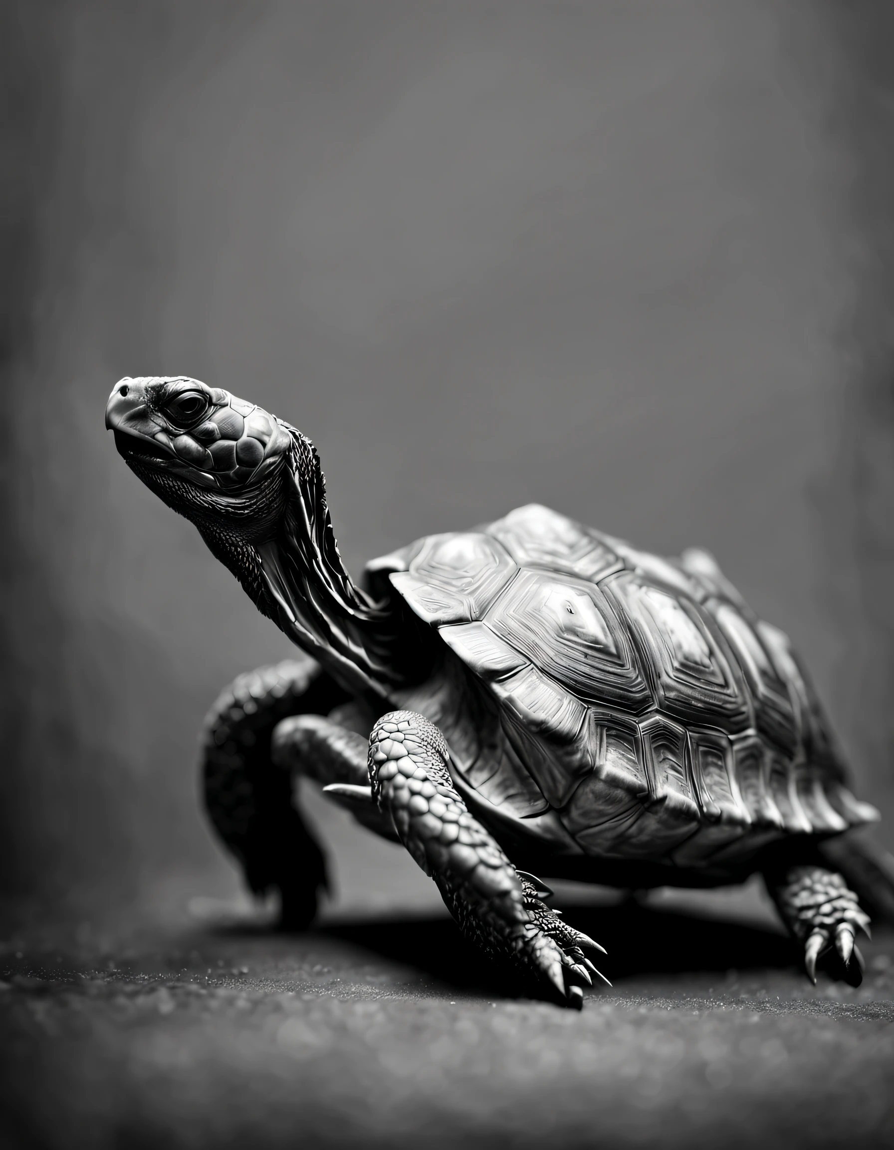 a black and white photo of a tortoise, a side portrait , black background, behance, naturalism, chiaroscuro, studio photography, studio portrait