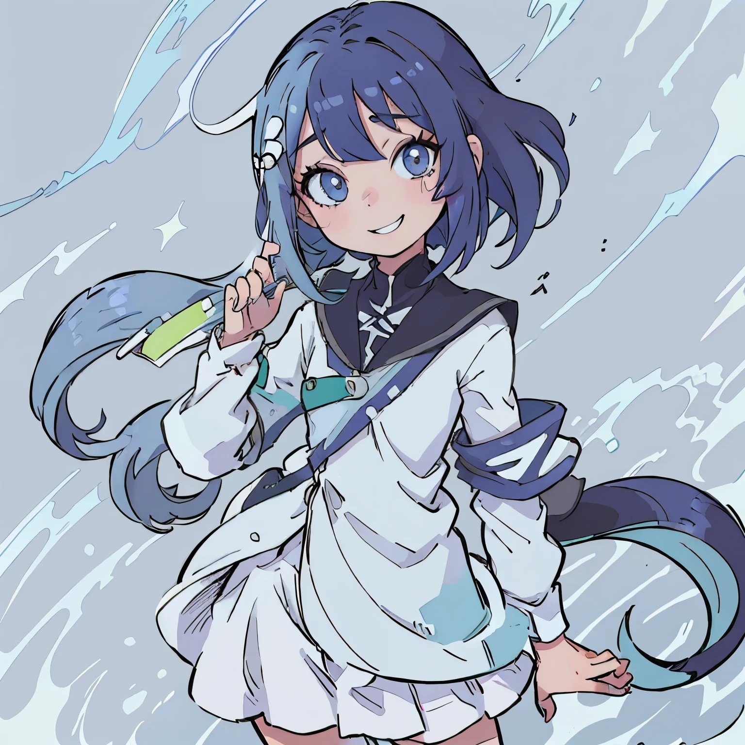 do anime sorrindo, cabelo azul, olhos vermelhos, seios pequenos, cara bonito, olhar namorada, tampo branco, saia curta xadrez vermelha e preta, por volta dos 20 anos, humano roupa de escola.