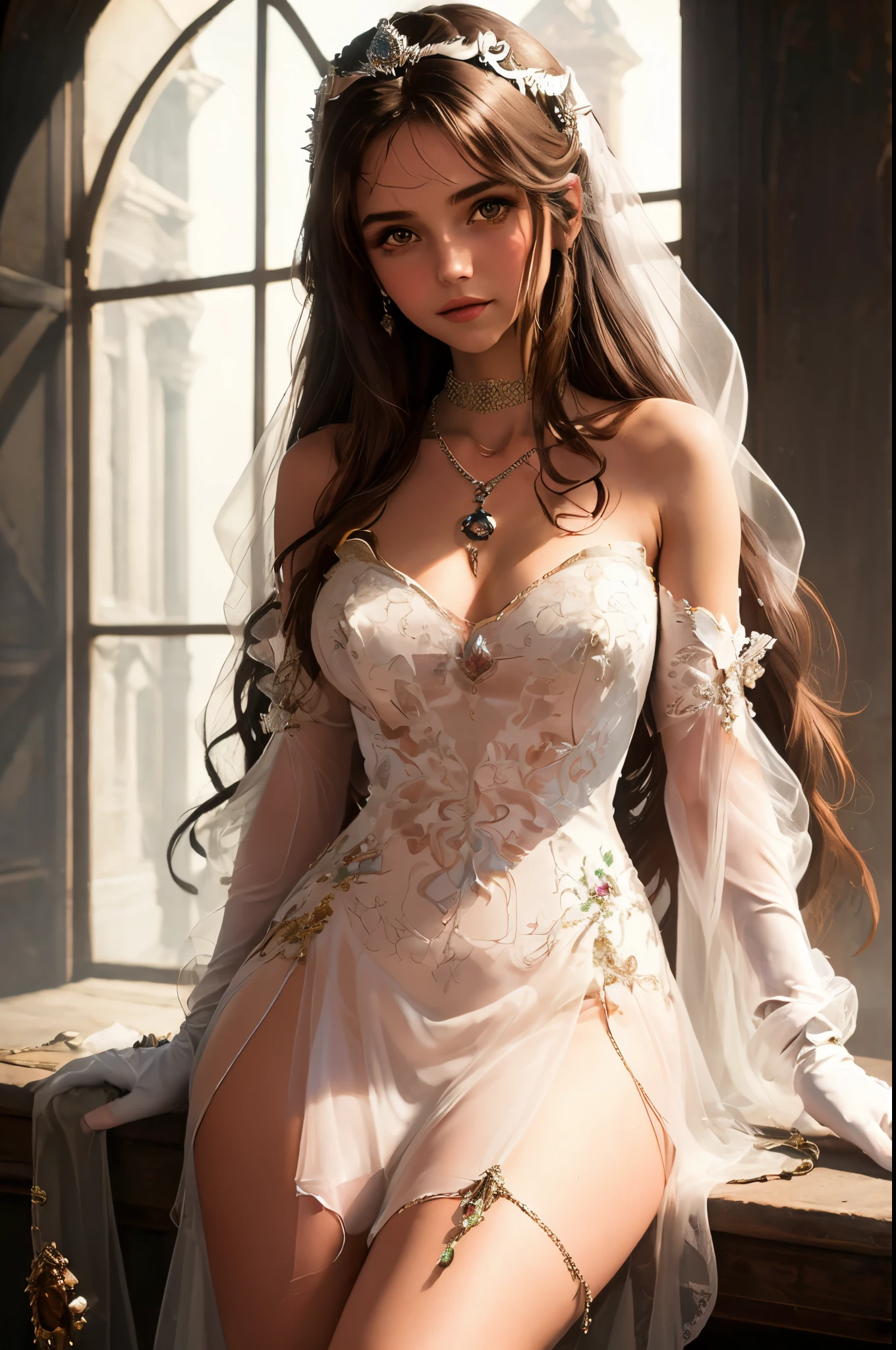 high level of detail, best quality, masterpiece, 1girl, garnet-smf, jewelry, solo, necklace, dress, long hair, tiara, breasts, brown eyes, gloves, brown hair, elbow gloves, cleavage, bare shoulders, medium breasts, white dress, strapless, wedding dress, white gloves, lips, strapless dress, princess ,lips, black hair, skin tight, cowboy shot, collarbone, low-tied long hair, outdoors, castle, clouds, garnet from final fantasy 9, (masterpiece, best quality:1.2),(8k,highres,RAW photo,realistic,photo-realistic:1.3),(detailed skin texture,detailed cloth texture,beautiful detailed face:1.25),professional lighting,photon mapping,beautiful soft light,radiosity,physically-based rendering,model shoot style, model shoot style, (extremely detailed CG unity 8k wallpaper), full shot body photo of the most beautiful artwork in the world, complex 3d render ultra detailed, looking at viewer, 18 yo, wet hair, real human skin, vibrant details, hyperrealistic, beautiful, octane render, 8k, best quality, masterpiece, an extremely delicate and beautiful, extremely detailed ,CG ,unity ,wallpaper, (realistic, photo-realistic:1.37),Amazing, finely detail, masterpiece,best quality,official art, extremely detailed CG unity 8k wallpaper ,extreme detailed eyes, (perfect face), shiny skin, colorful, highest detailed, vibrant colors, ultra high res, (high contrast), intricate, lens flare,