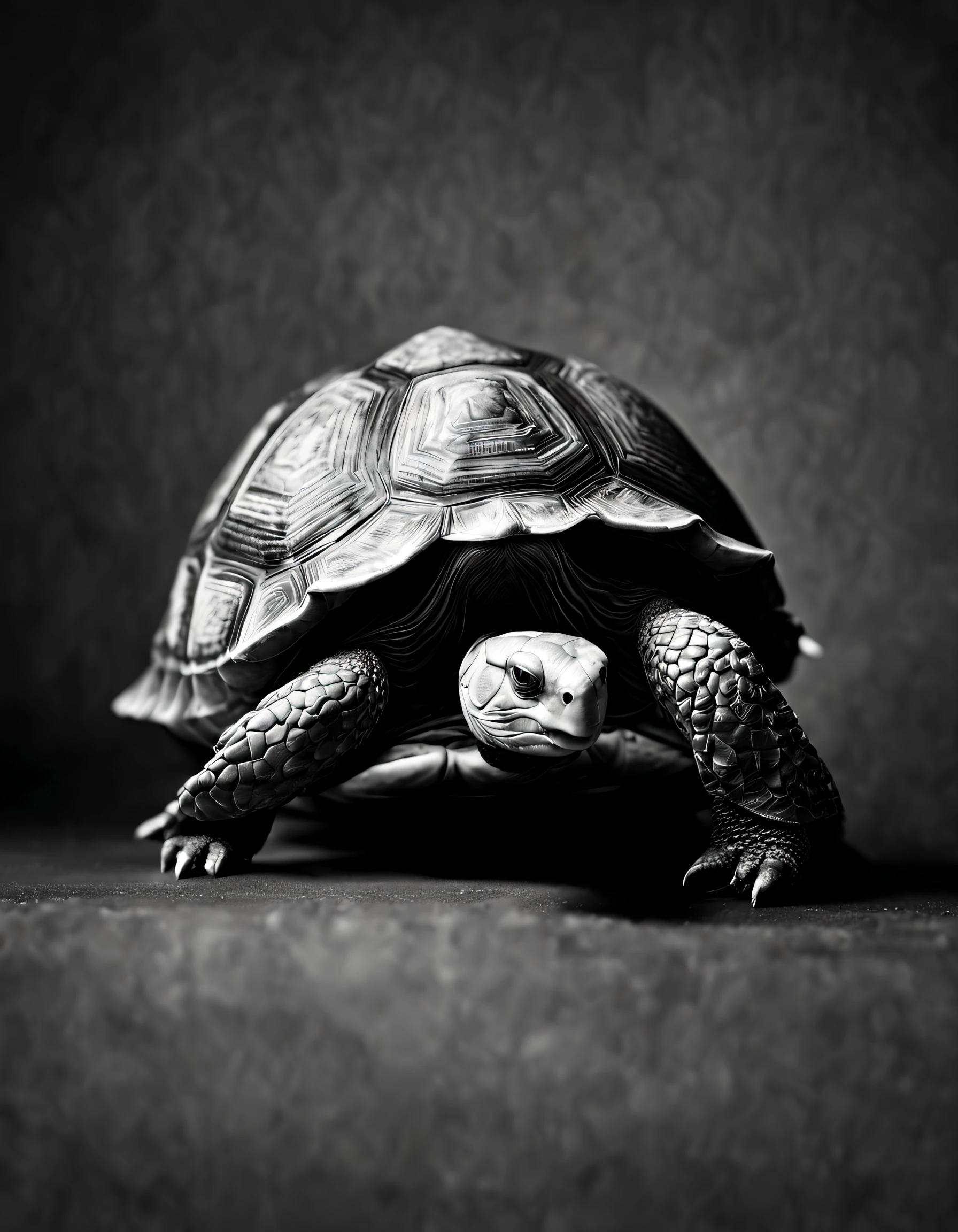 a black and white photo of a tortoise, a side portrait by Gerard Soest, black background, behance, naturalism, chiaroscuro, studio photography, studio portrait --ar 2:3 --v 5