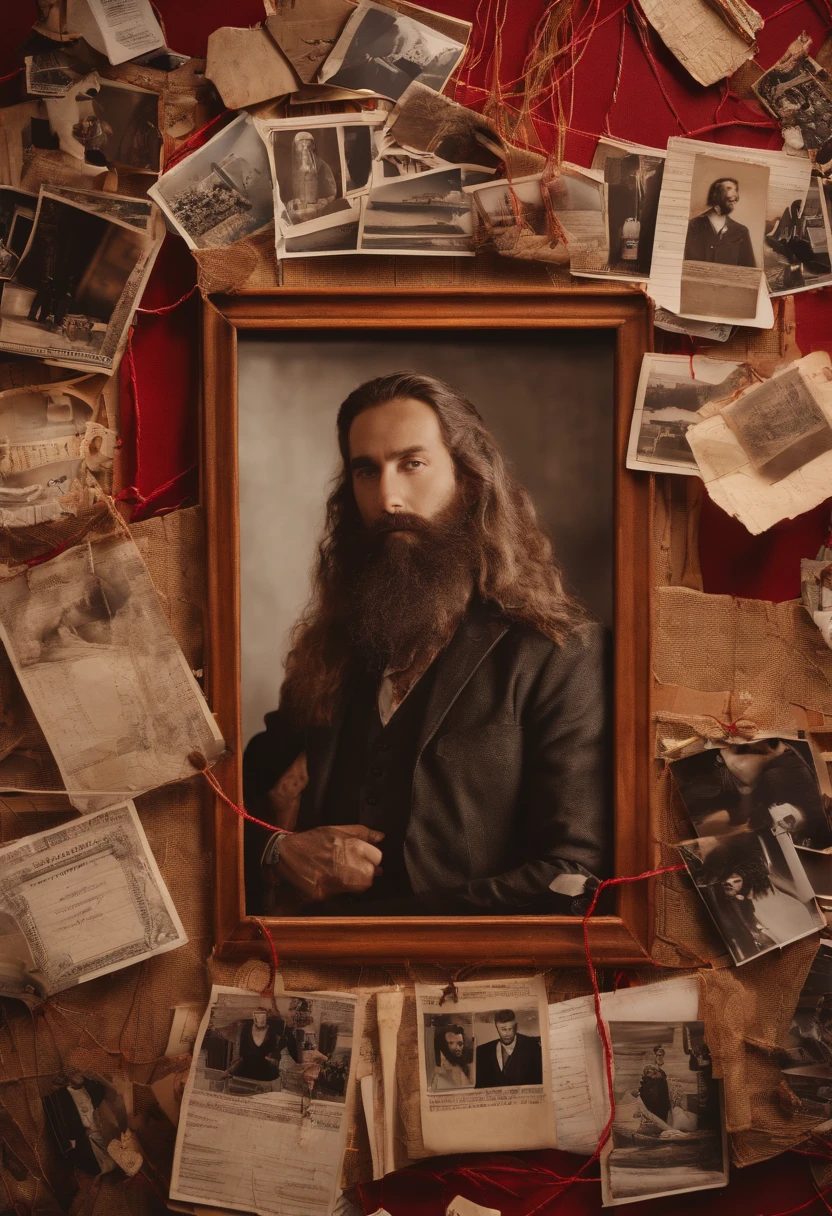 A photo of a corkboard covered in interconnected photos, documents, and strings, with a red string connecting a photo of the character and a photo of a black SUV.,original,Waifish, dirty, long hair, long beard, dressed in dirty ill-fitting clothes