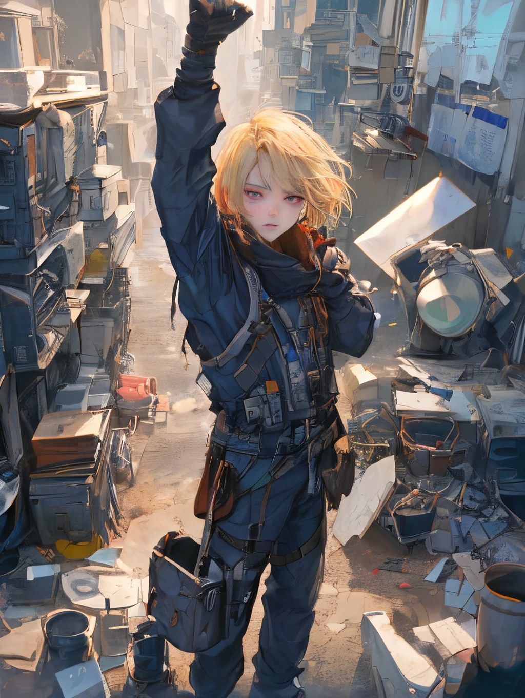 Pink eyes,a blond,short-hair