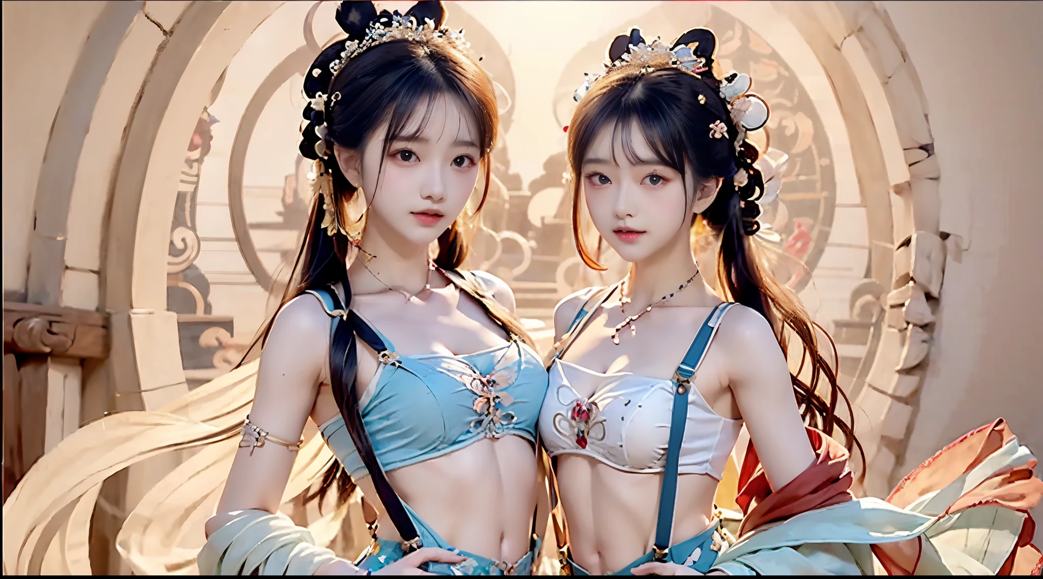 Bust photo, face close-up, face shot, a beautiful woman, messy hair, girly, symmetrical bun, hair accessories, jewelry, delicate face, (suspenders: 1.5), (high split lower skirt 1.7), (many patterns: 1.5), crop navel, open belly, Dunhuang style, a lot of streamers, delicate skin, soft light effect, delicate and smooth hair, delicate details, eye highlights, fair skin, fine portrayal, extreme details, cinematic quality, thin, slender, broken, hair details, thin bangs, shawl hair, right body, shadow, air bangs, 8K, super fine, fine fabric texture, soft, smooth, smooth texture, ((Dunhuang style)) )))), delicate patterns, correct hand painting,